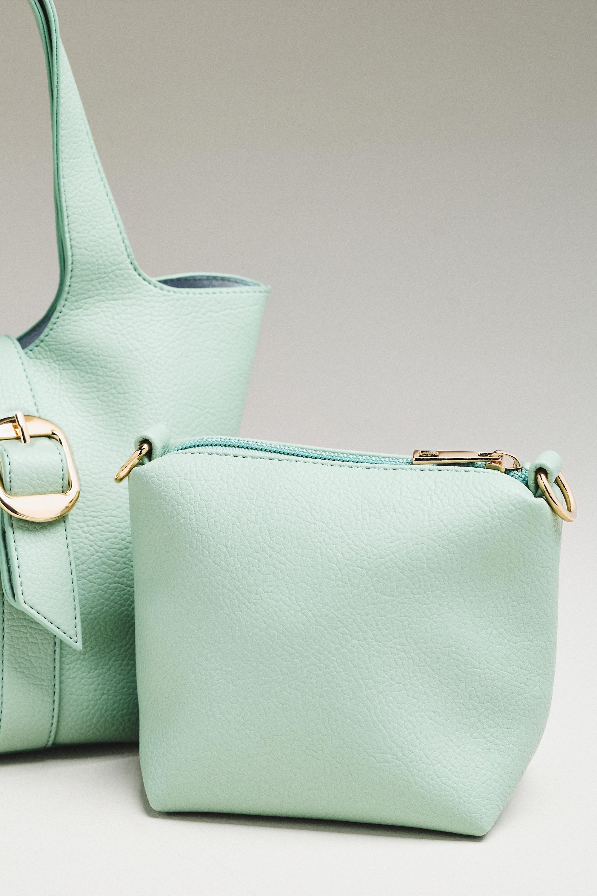 LIGHT GREEN Pebbled Bucket Tote Bag, Green, large image number 3