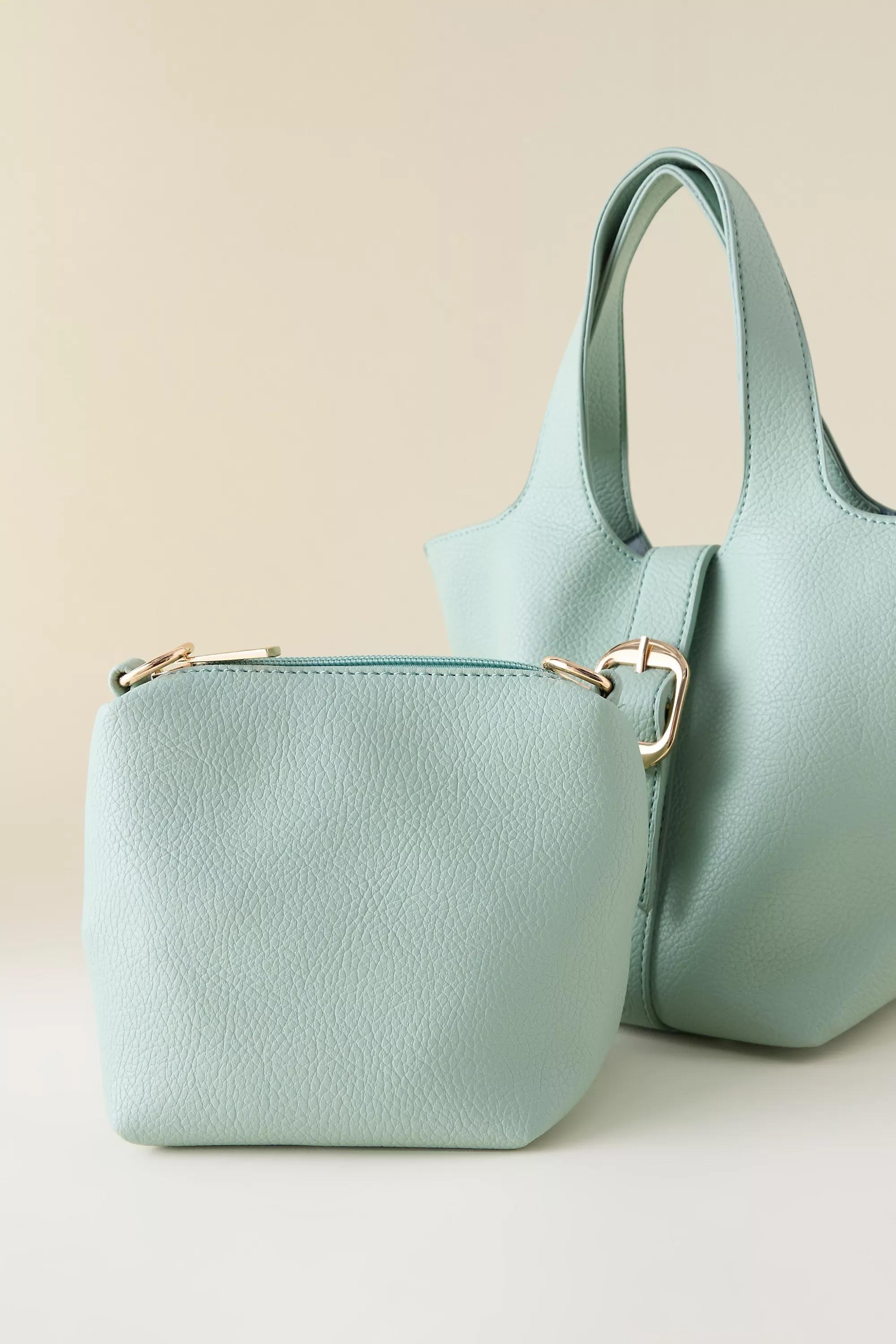 LIGHT GREEN Pebbled Bucket Tote Bag, Green, large image number 4