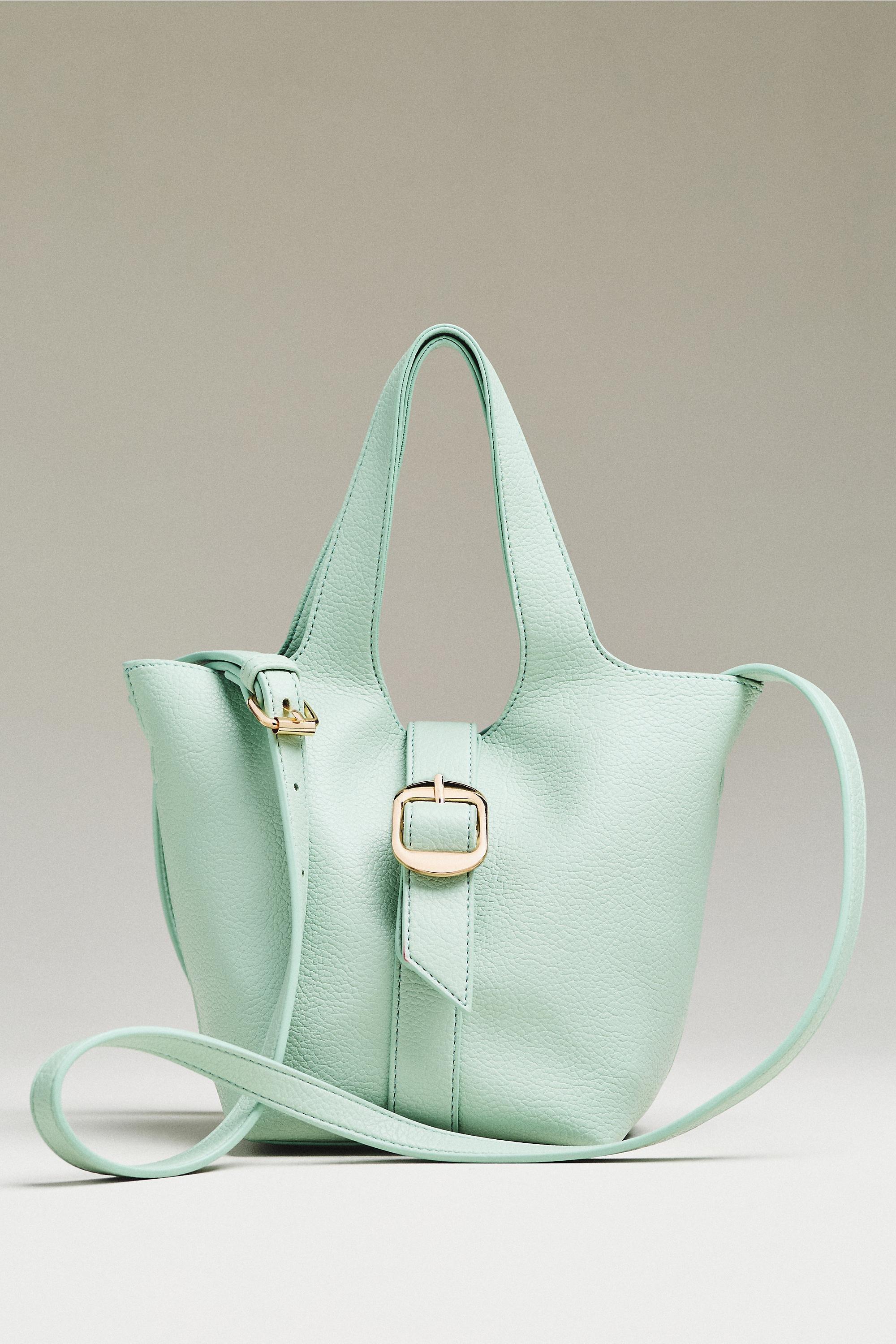 LIGHT GREEN Pebbled Bucket Tote Bag, Green, large image number 5