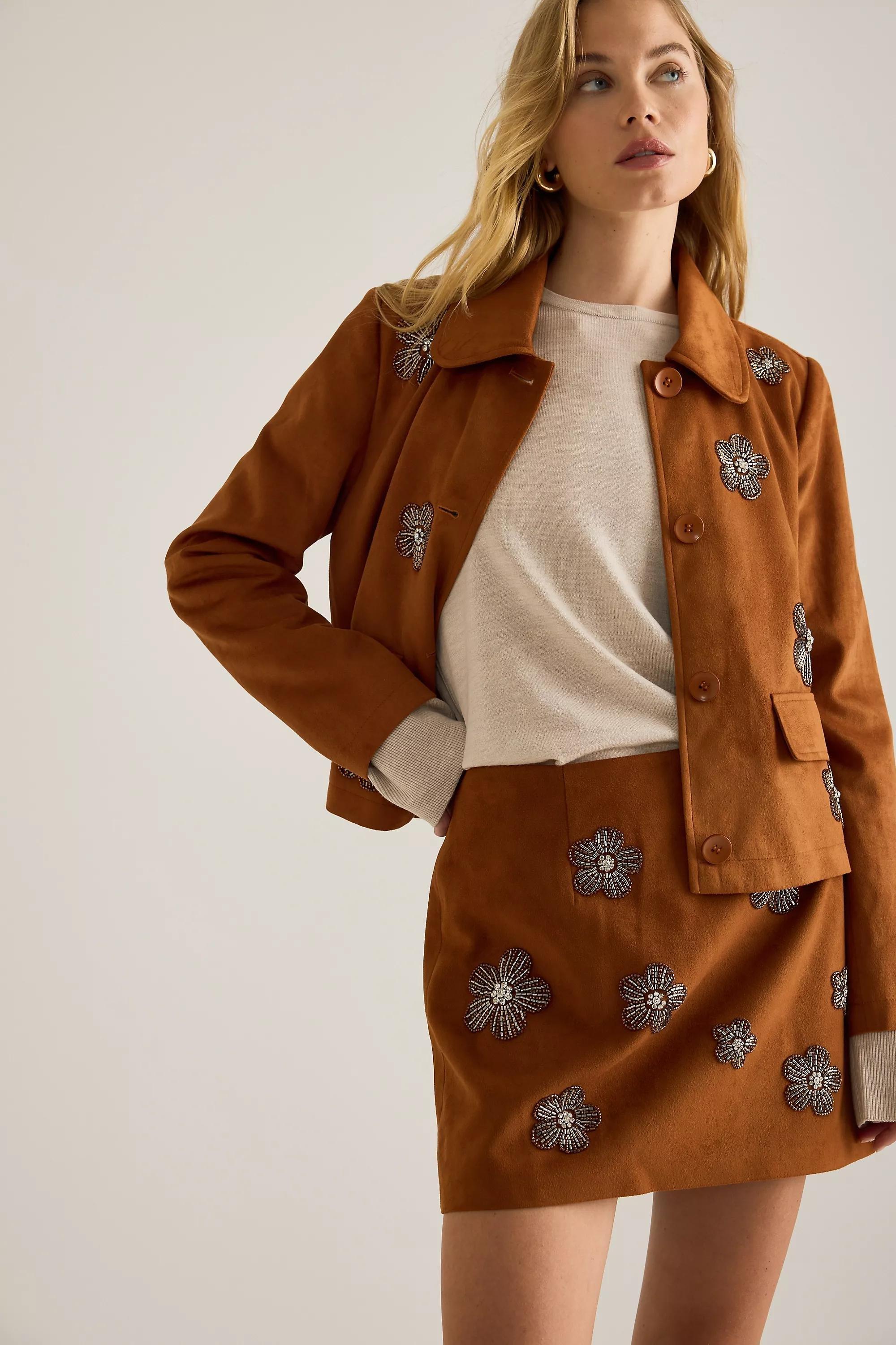 By Anthropologie Faux-Suede Embellished Mini Skirt, Brown, A501_0224, medium