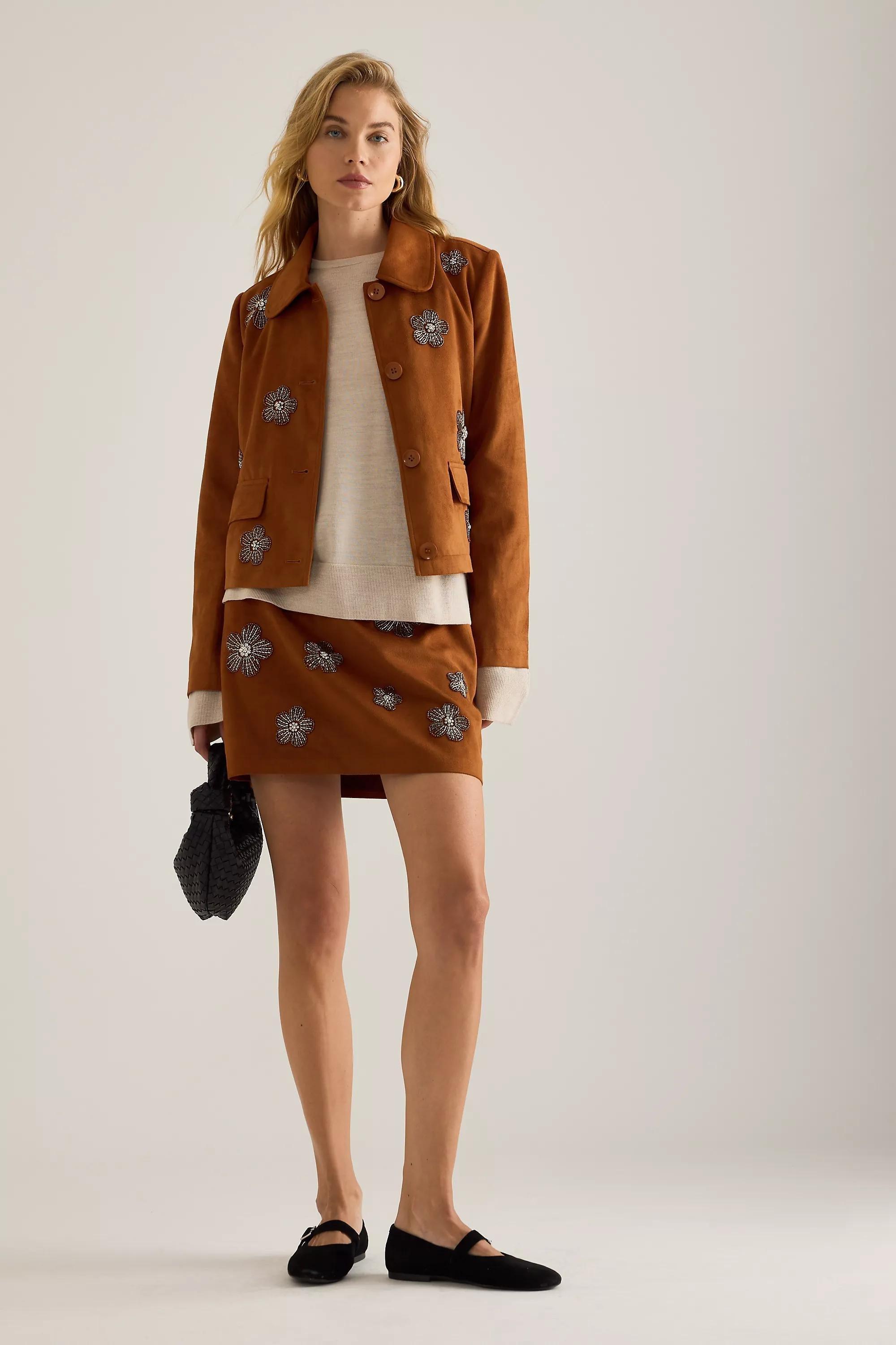 By Anthropologie Faux-Suede Embellished Mini Skirt, Brown, A501_0224, medium