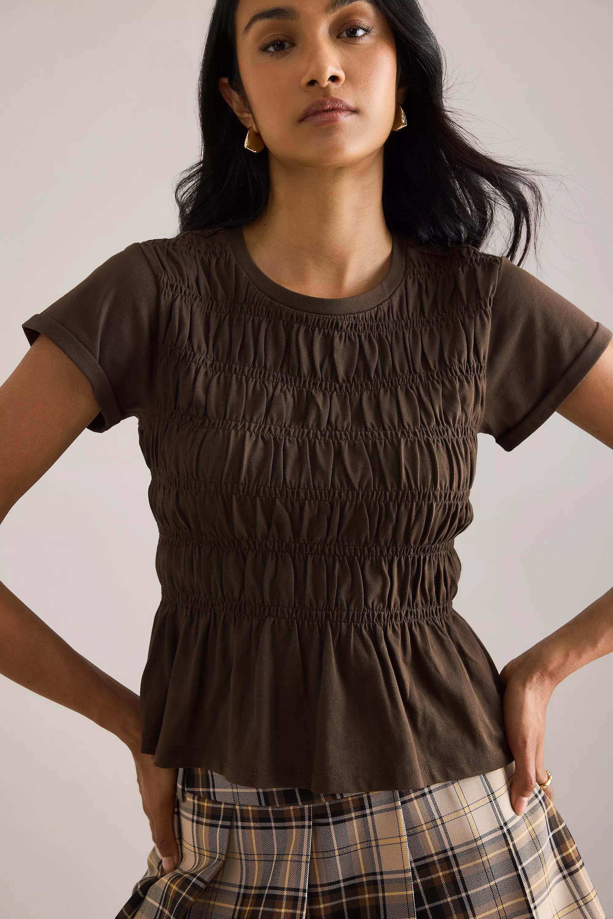 By Anthropologie Smocked T-Shirt, Brown, A501_0020, medium