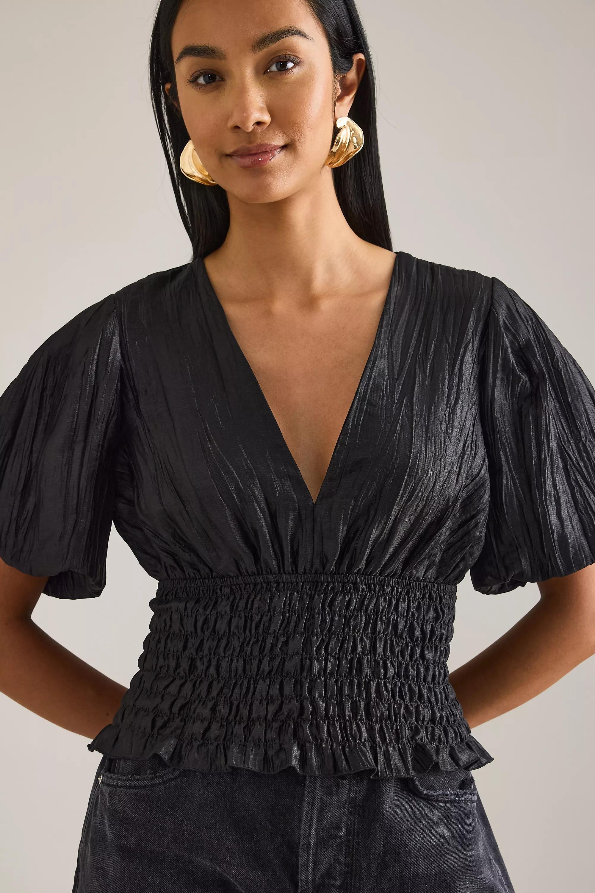 By Anthropologie Puff-Sleeve Shirred Waist Blouse, Black, A501_0001, large image number 0
