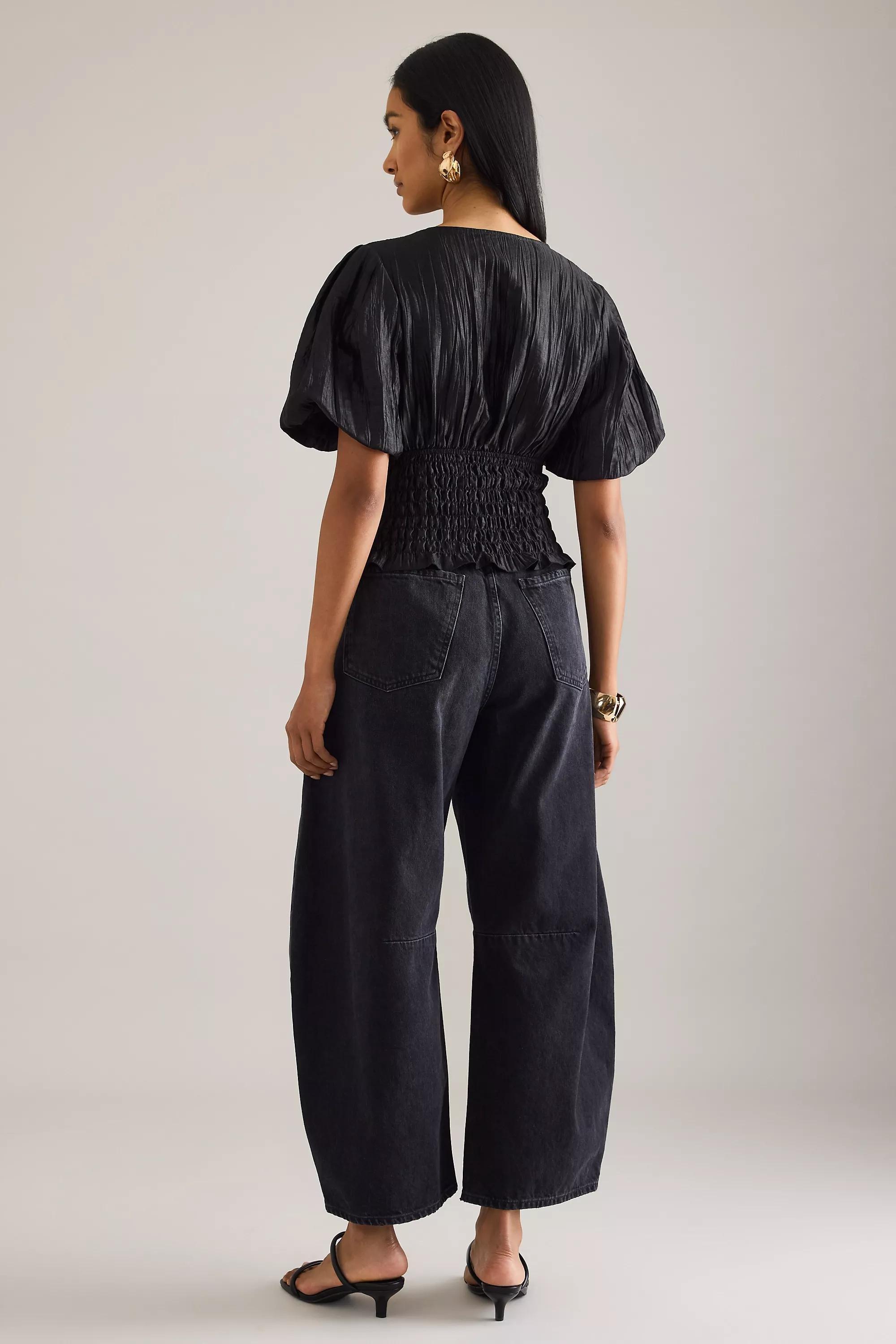 By Anthropologie Puff-Sleeve Shirred Waist Blouse, Black, A501_0001, large image number 1