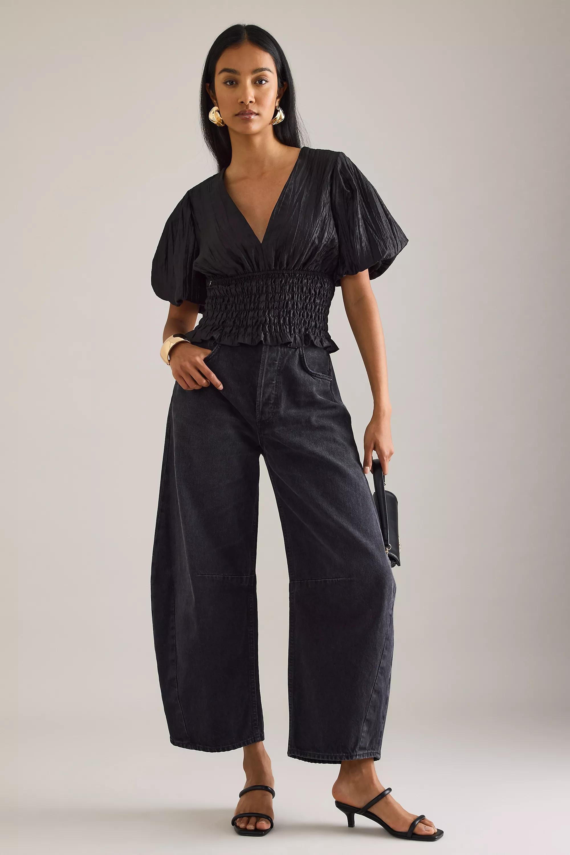 By Anthropologie Puff-Sleeve Shirred Waist Blouse, Black, A501_0001, large image number 2