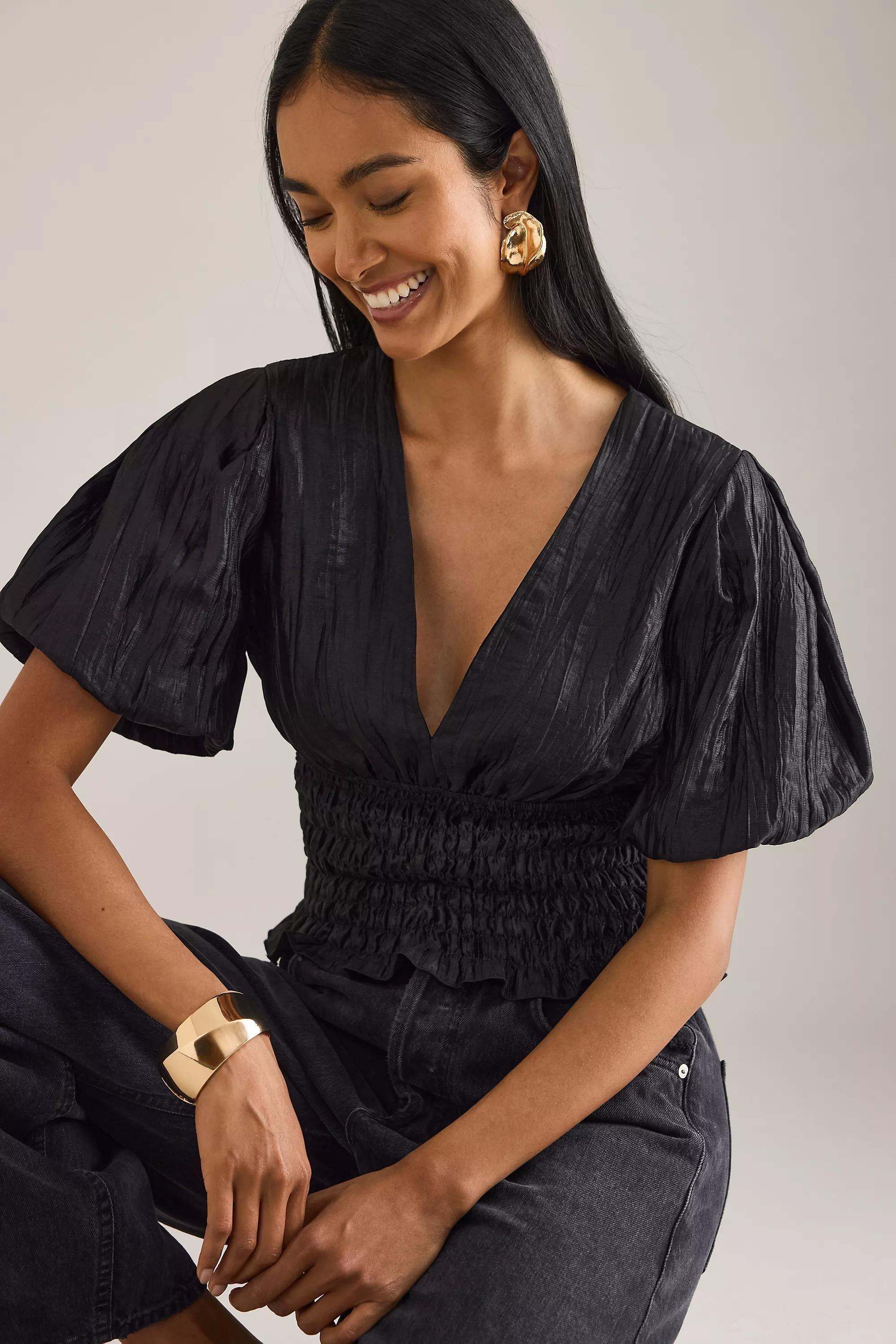 By Anthropologie Puff-Sleeve Shirred Waist Blouse, Black, A501_0001, large image number 3