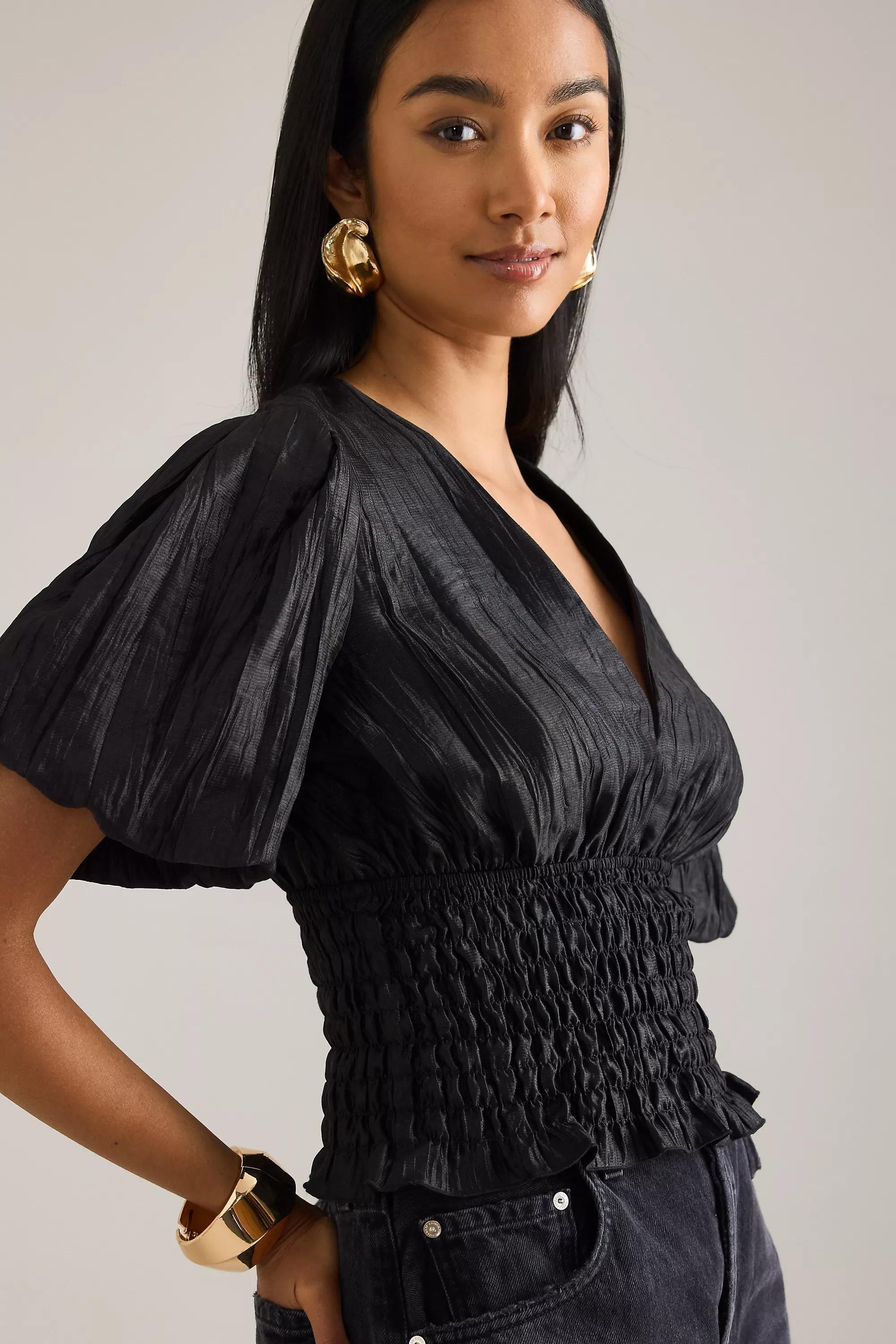 By Anthropologie Puff-Sleeve Shirred Waist Blouse, Black, A501_0001, large image number 4