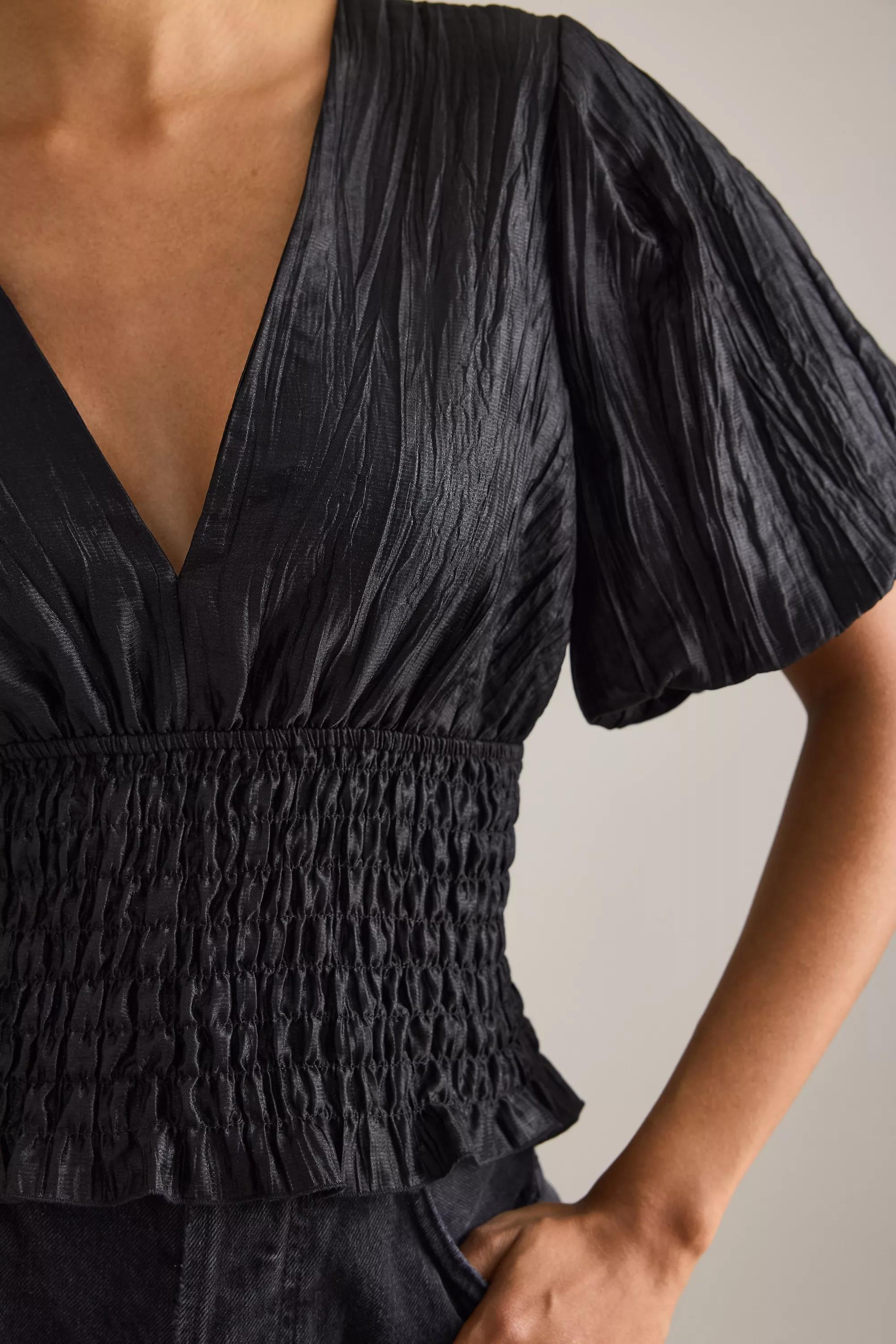 By Anthropologie Puff-Sleeve Shirred Waist Blouse, Black, A501_0001, large image number 5