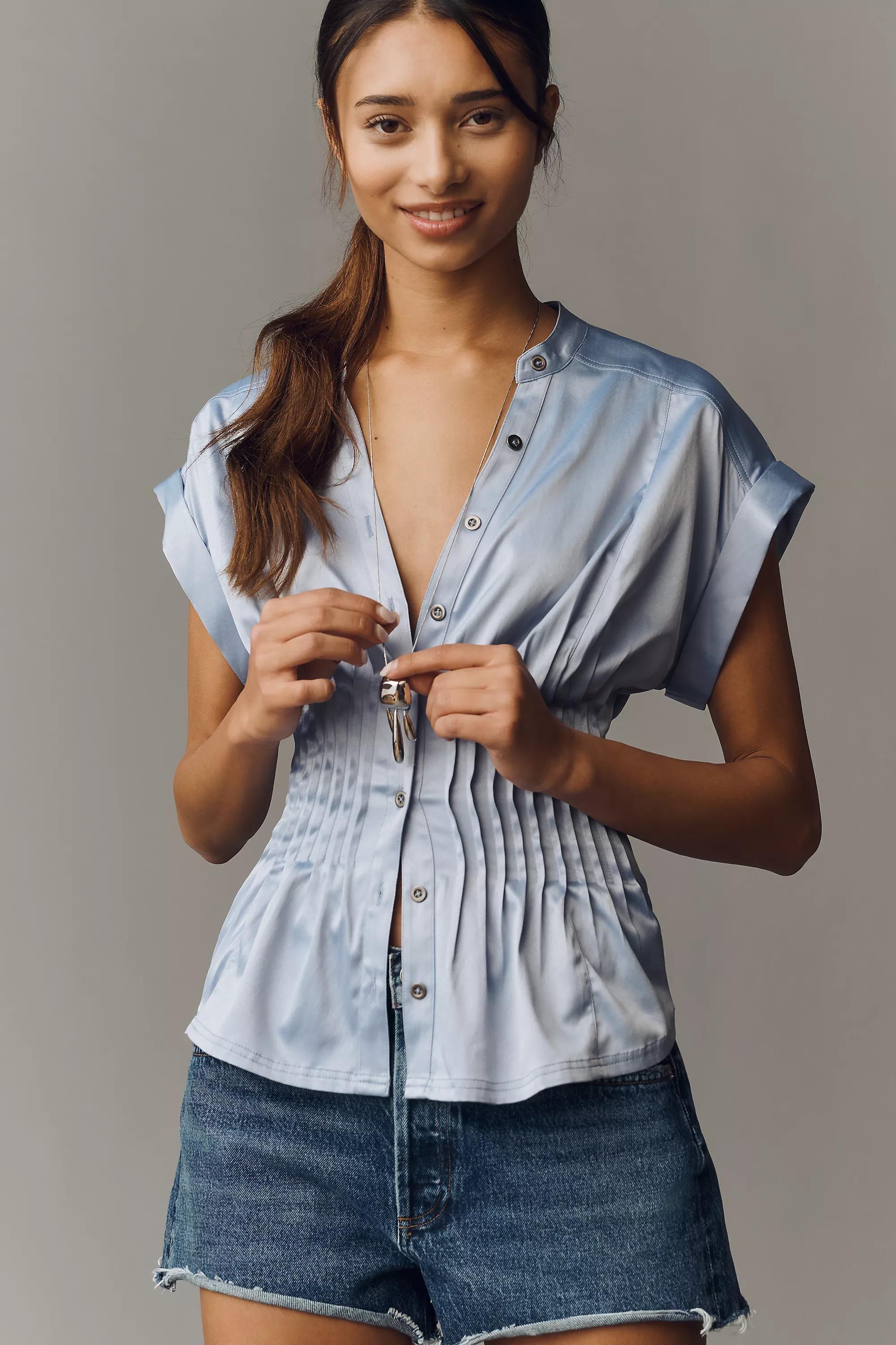 The Linden Silky Pleated Waisted Blouse By Pilcro, Blue, Blue, large image number 0