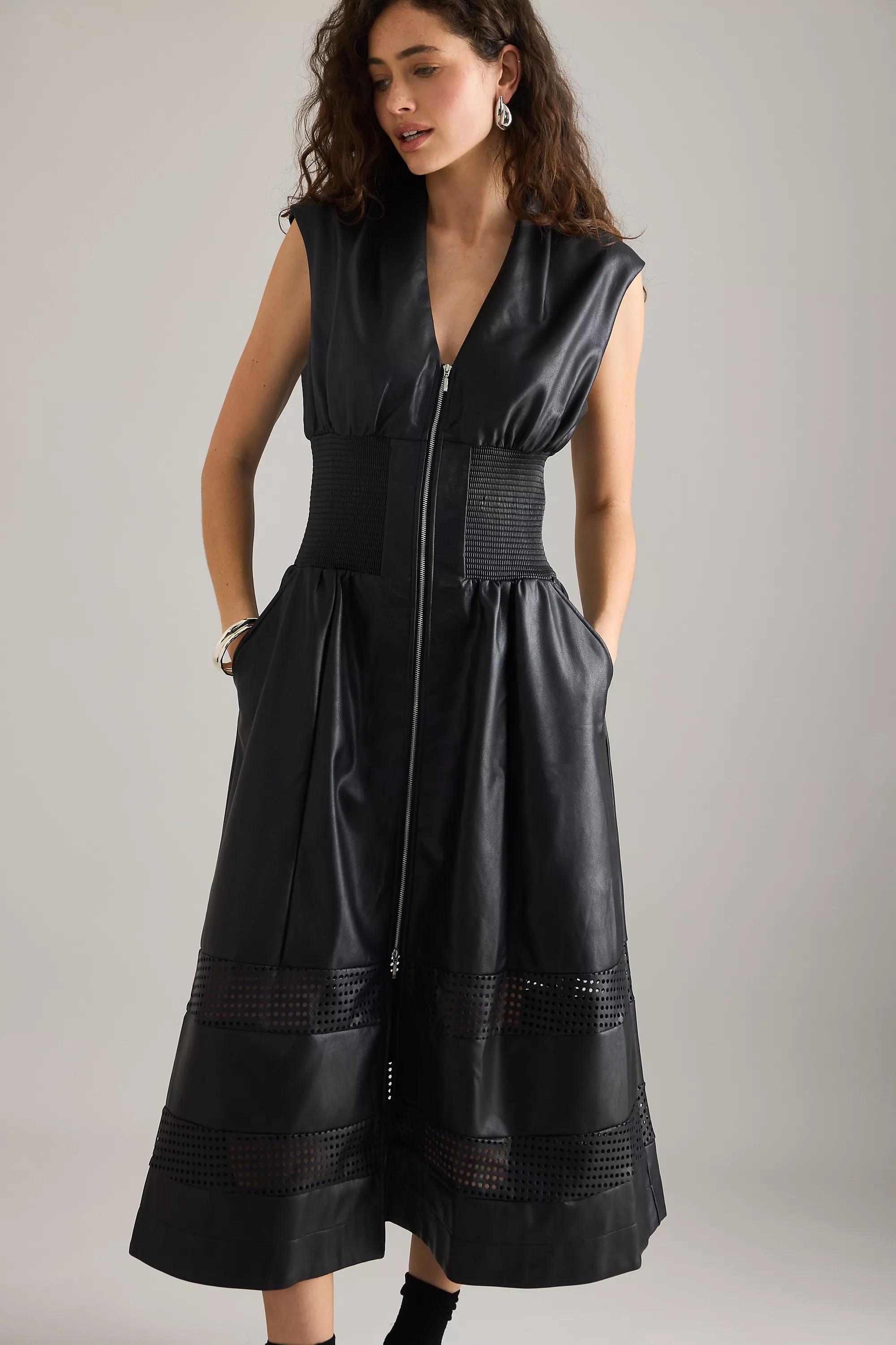 The Tommie Faux-Leather Front-Zip Midi Shirt Dress, Navy, A501_0001, large image number 1