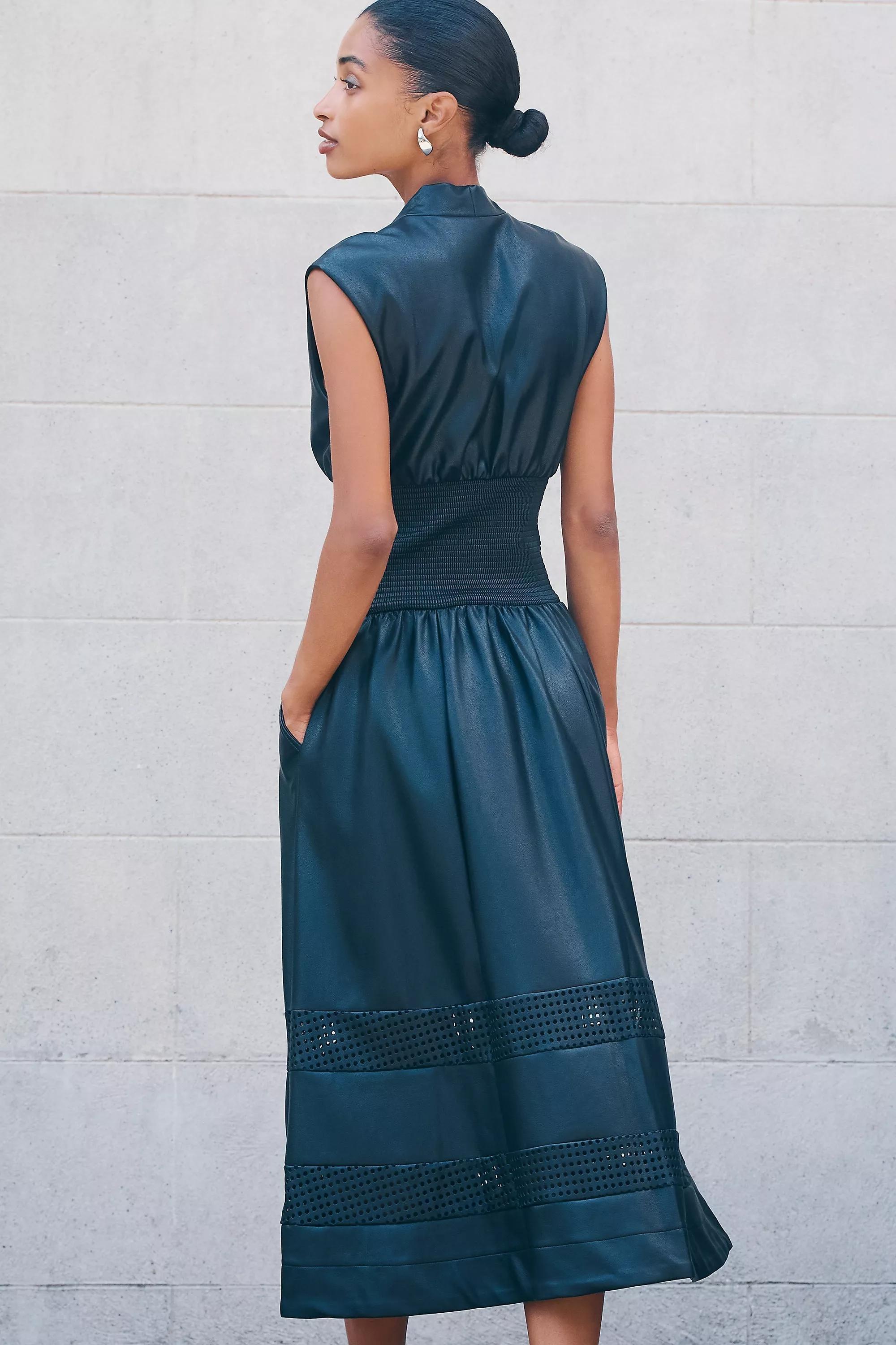 The Tommie Faux-Leather Front-Zip Midi Shirt Dress, Navy, A501_0001, large image number 2