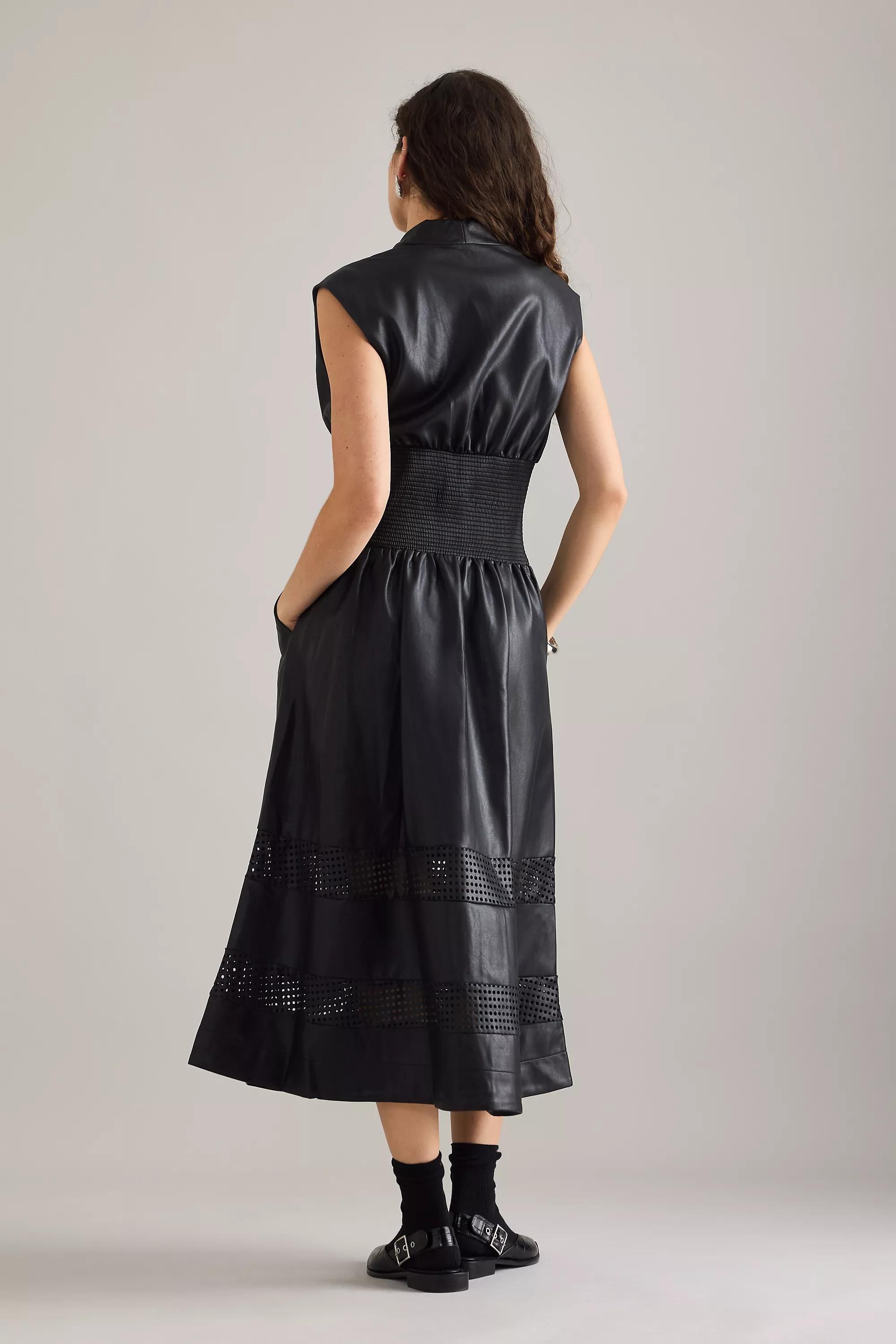 The Tommie Faux-Leather Front-Zip Midi Shirt Dress, Navy, A501_0001, large image number 3