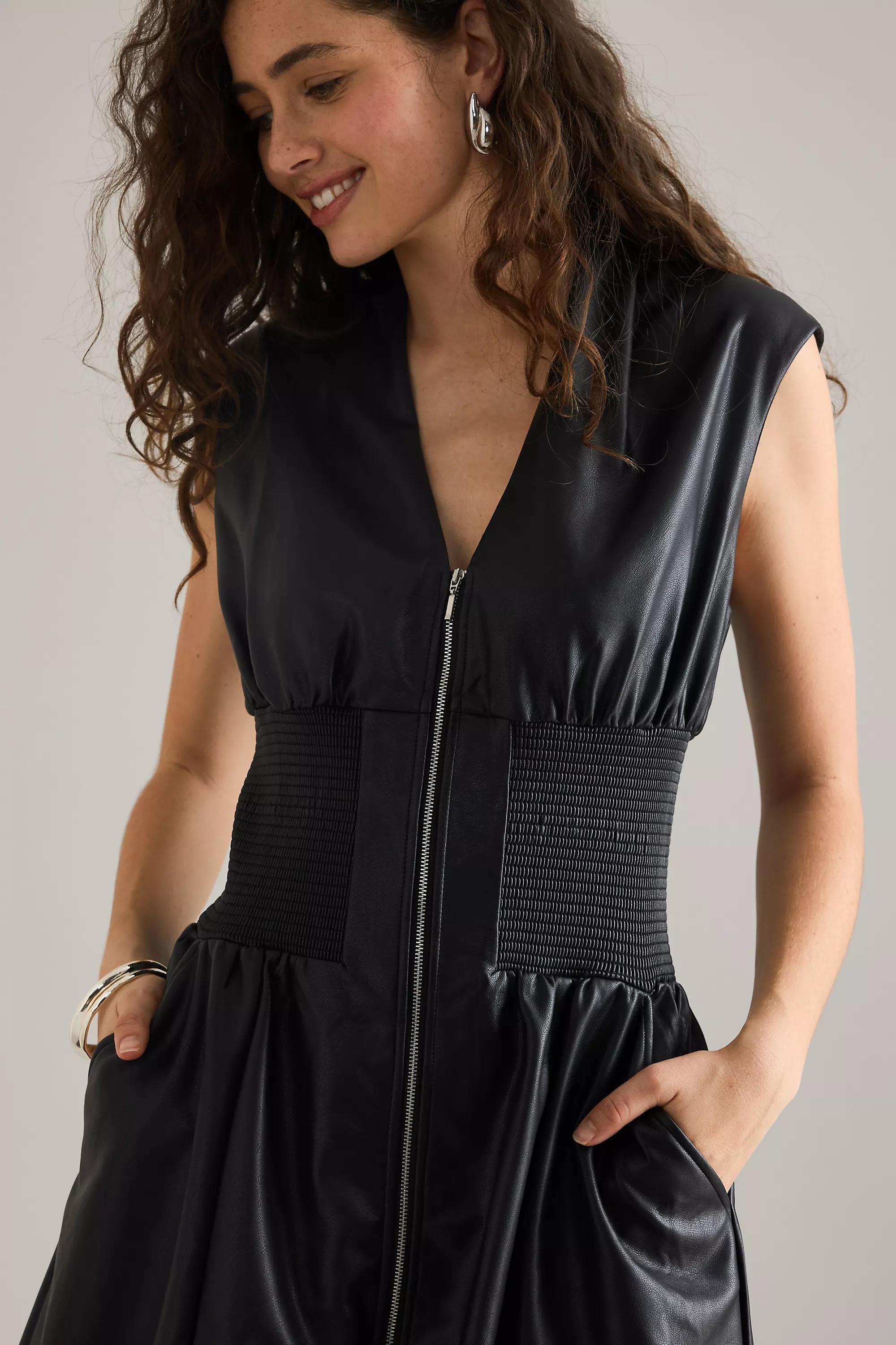 The Tommie Faux-Leather Front-Zip Midi Shirt Dress, Navy, A501_0001, large image number 5