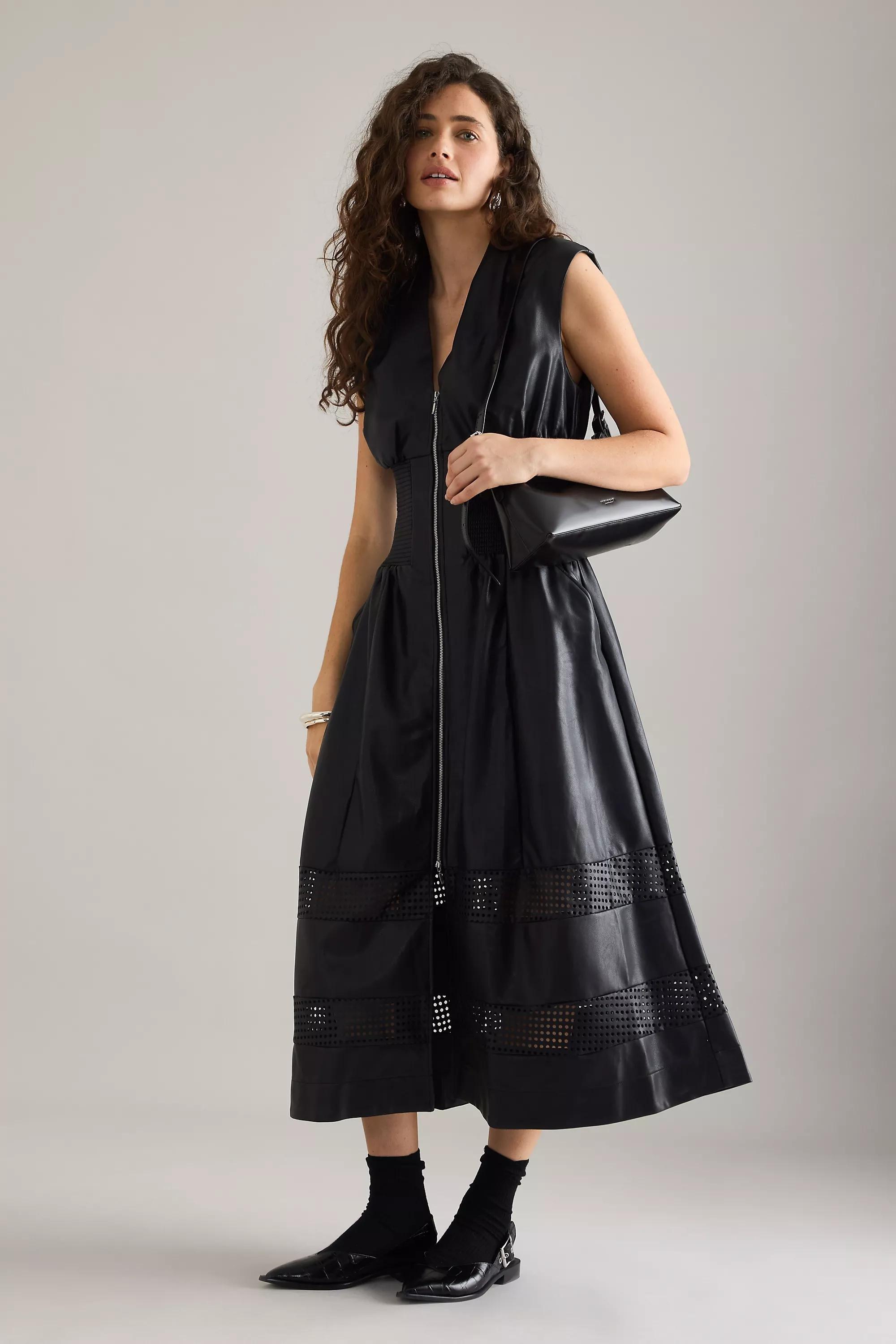 The Tommie Faux-Leather Front-Zip Midi Shirt Dress, Navy, A501_0001, large image number 7