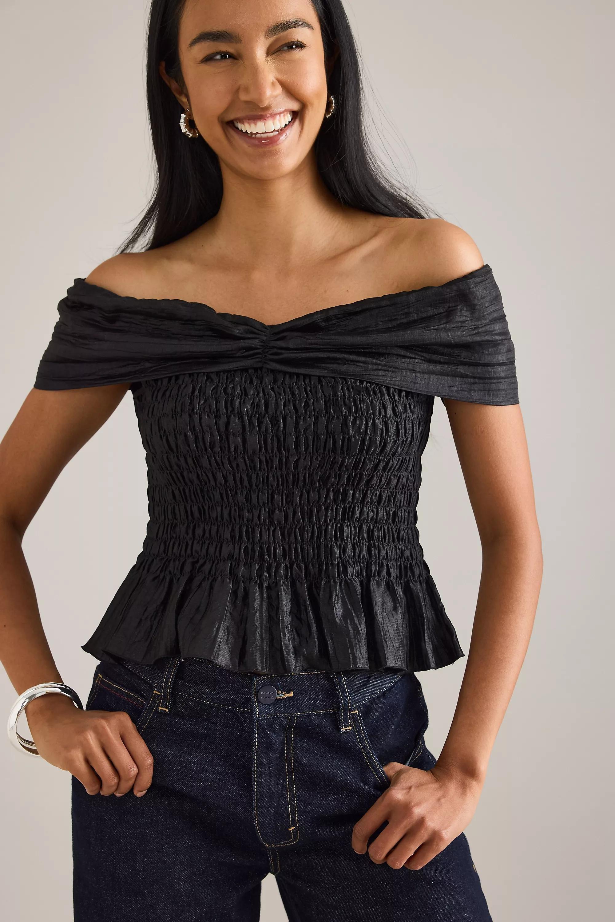 By Anthropologie Shirred Bardot Top, Black, , large image number 0