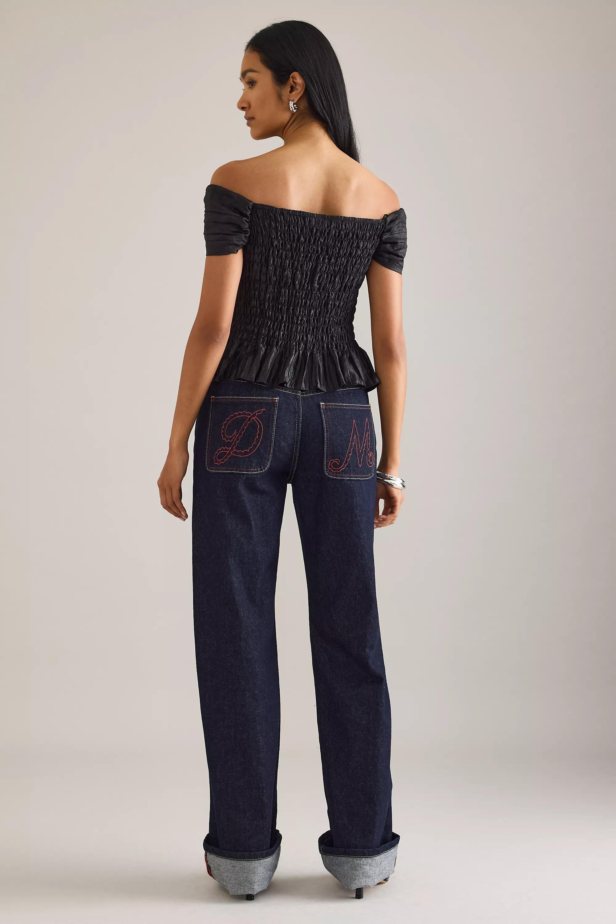 By Anthropologie Shirred Bardot Top, Black, , large image number 1
