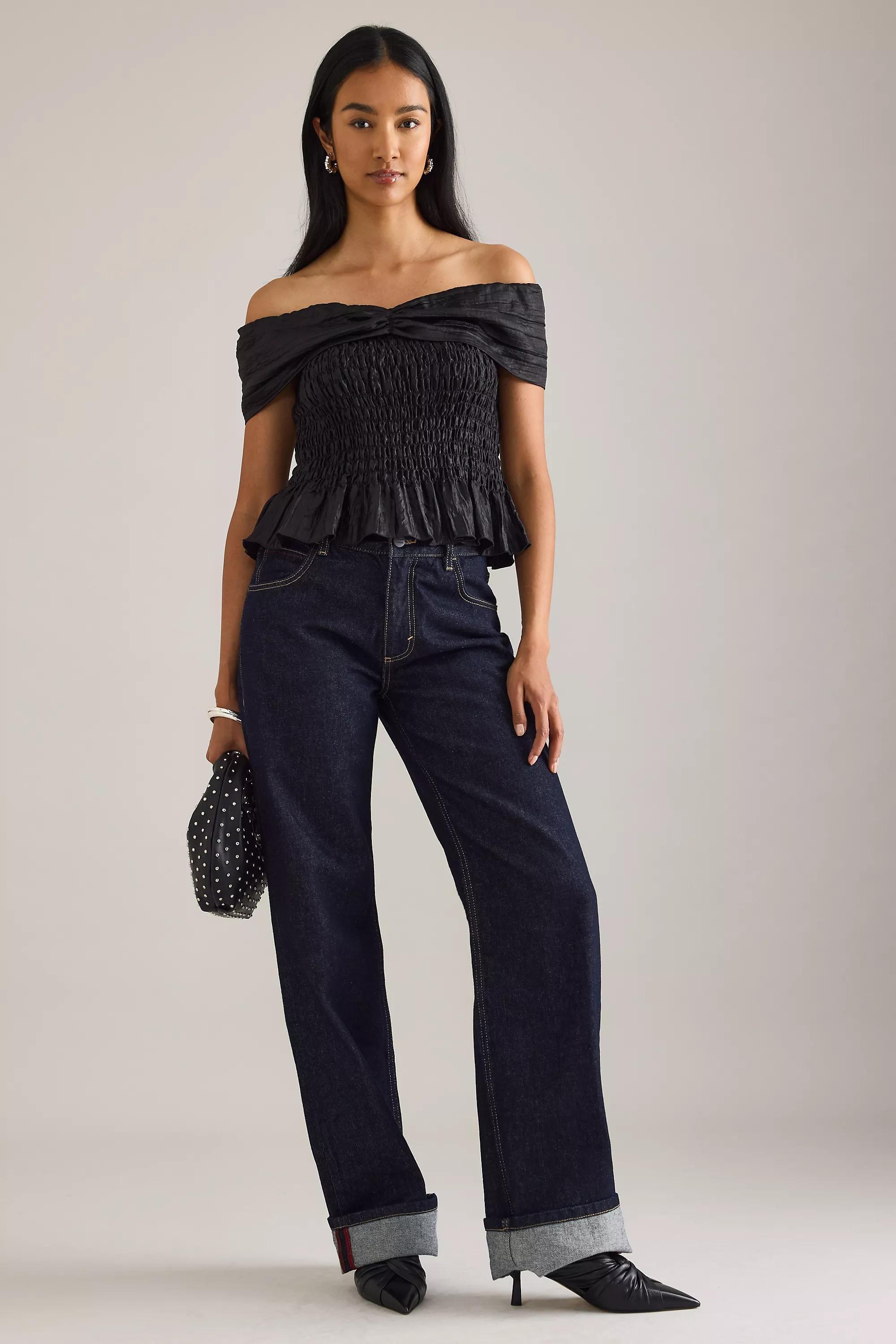 By Anthropologie Shirred Bardot Top, Black, , large image number 2