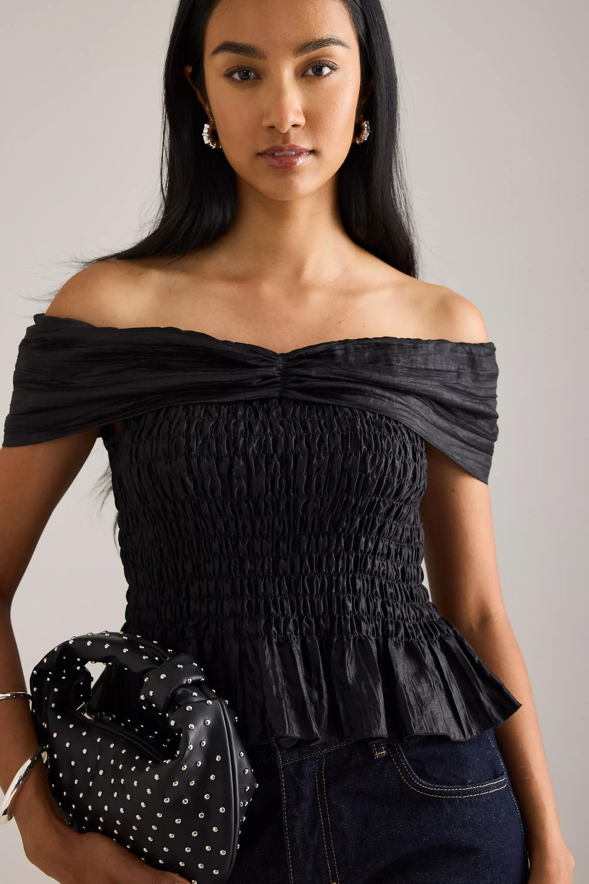 By Anthropologie Shirred Bardot Top, Black, , large image number 3