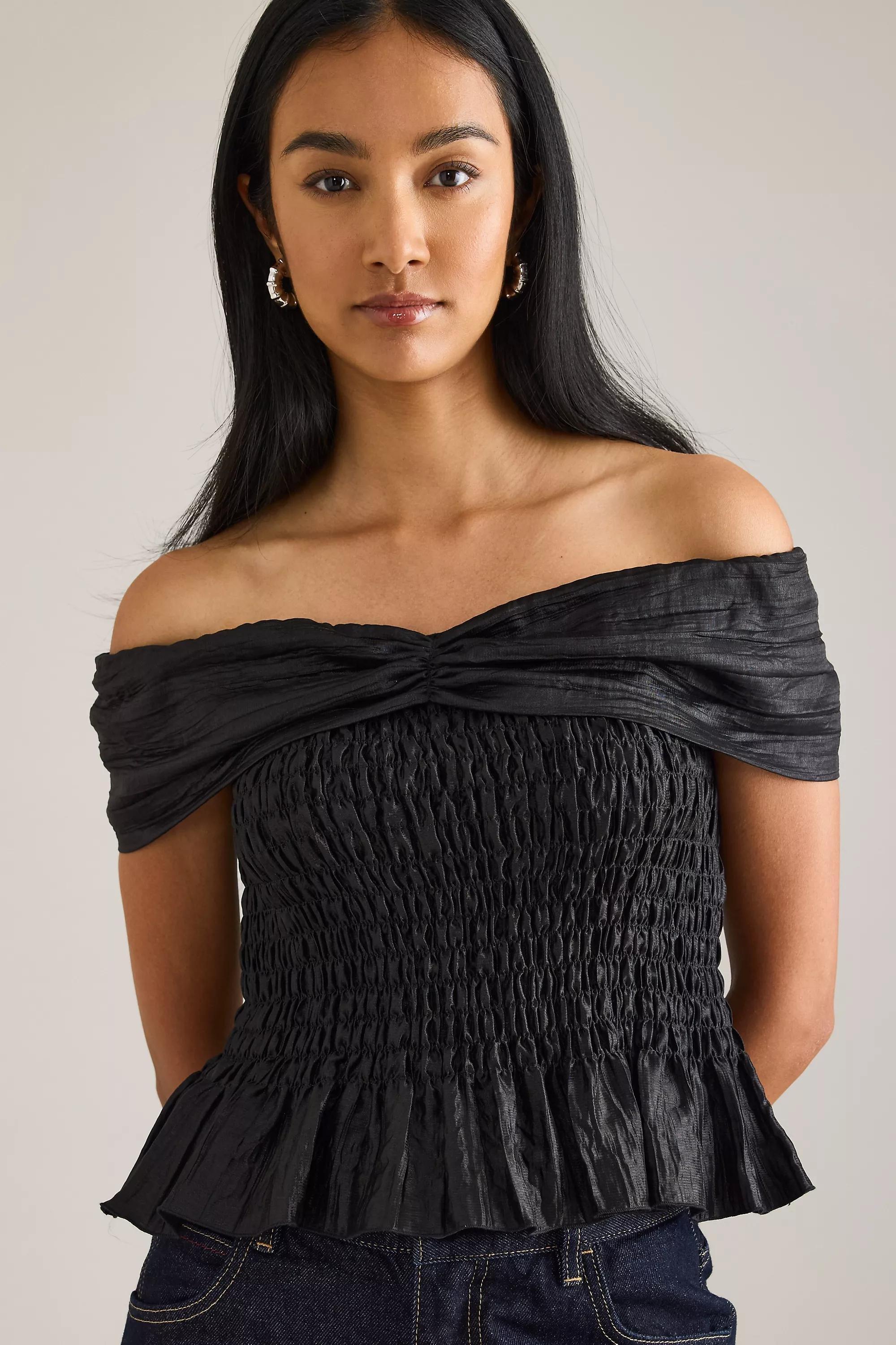 By Anthropologie Shirred Bardot Top, Black, , large image number 4