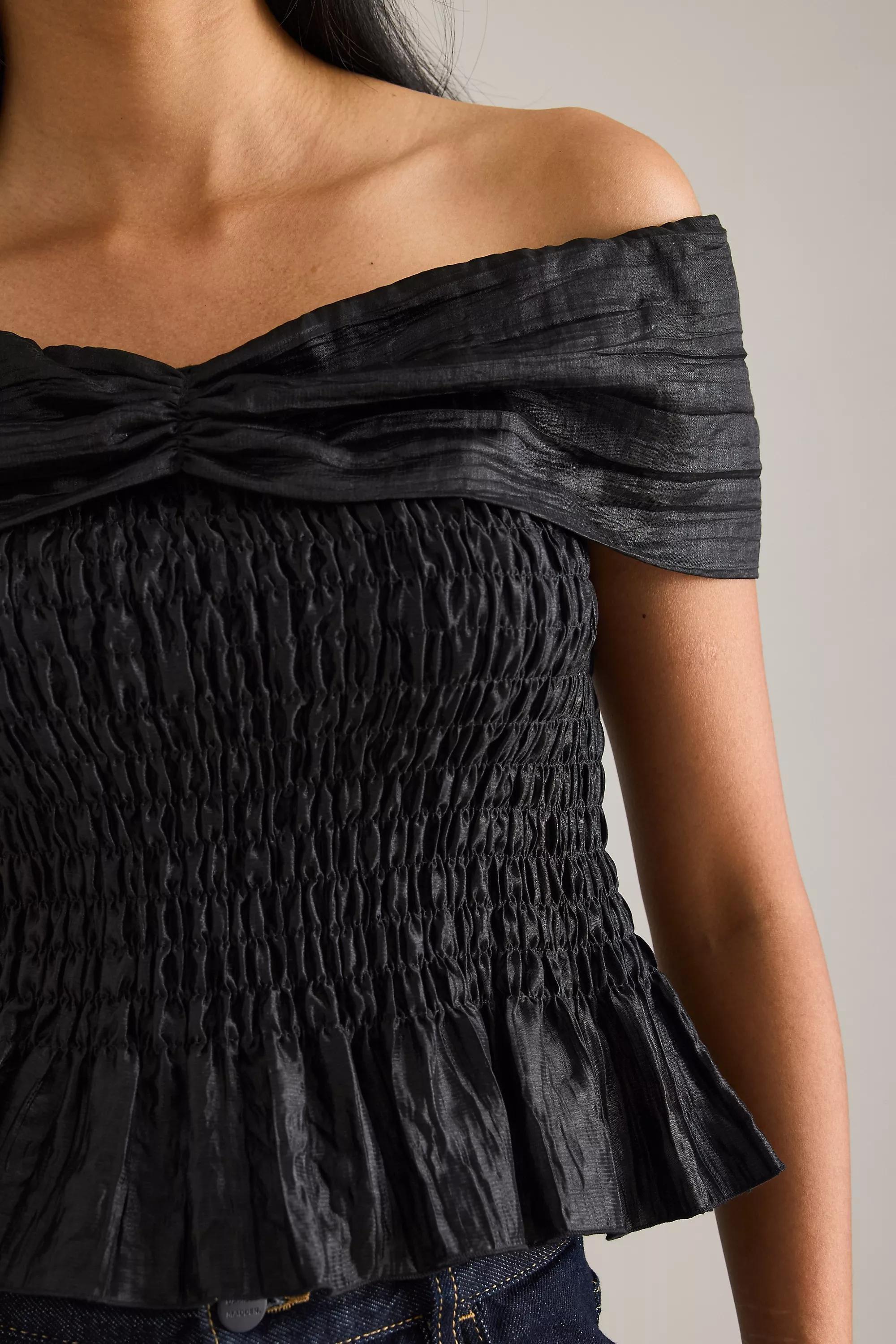 By Anthropologie Shirred Bardot Top, Black, , large image number 5