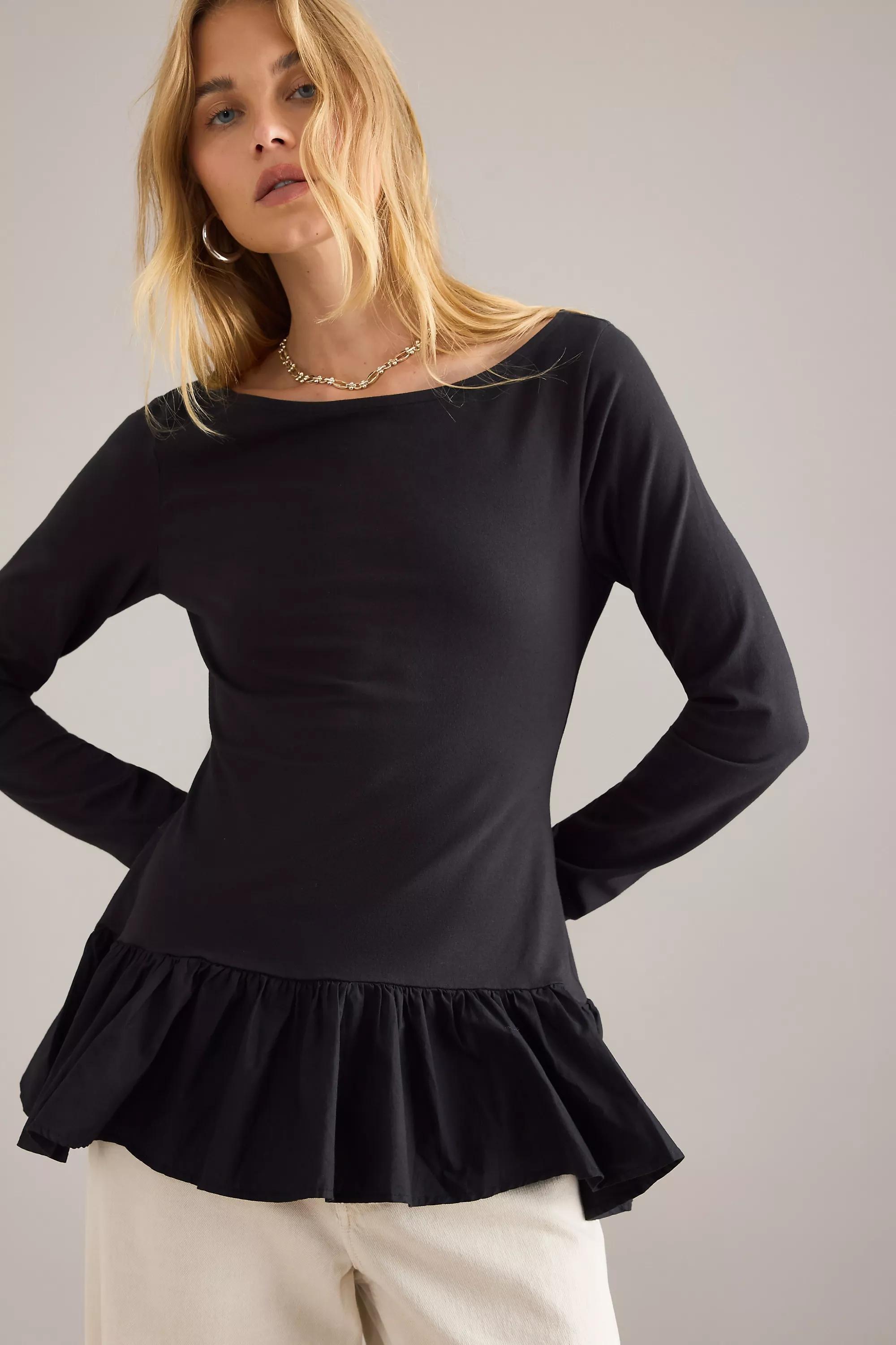 By Maeve Long-Sleeve Peplum Top, Black, A501_0001, medium
