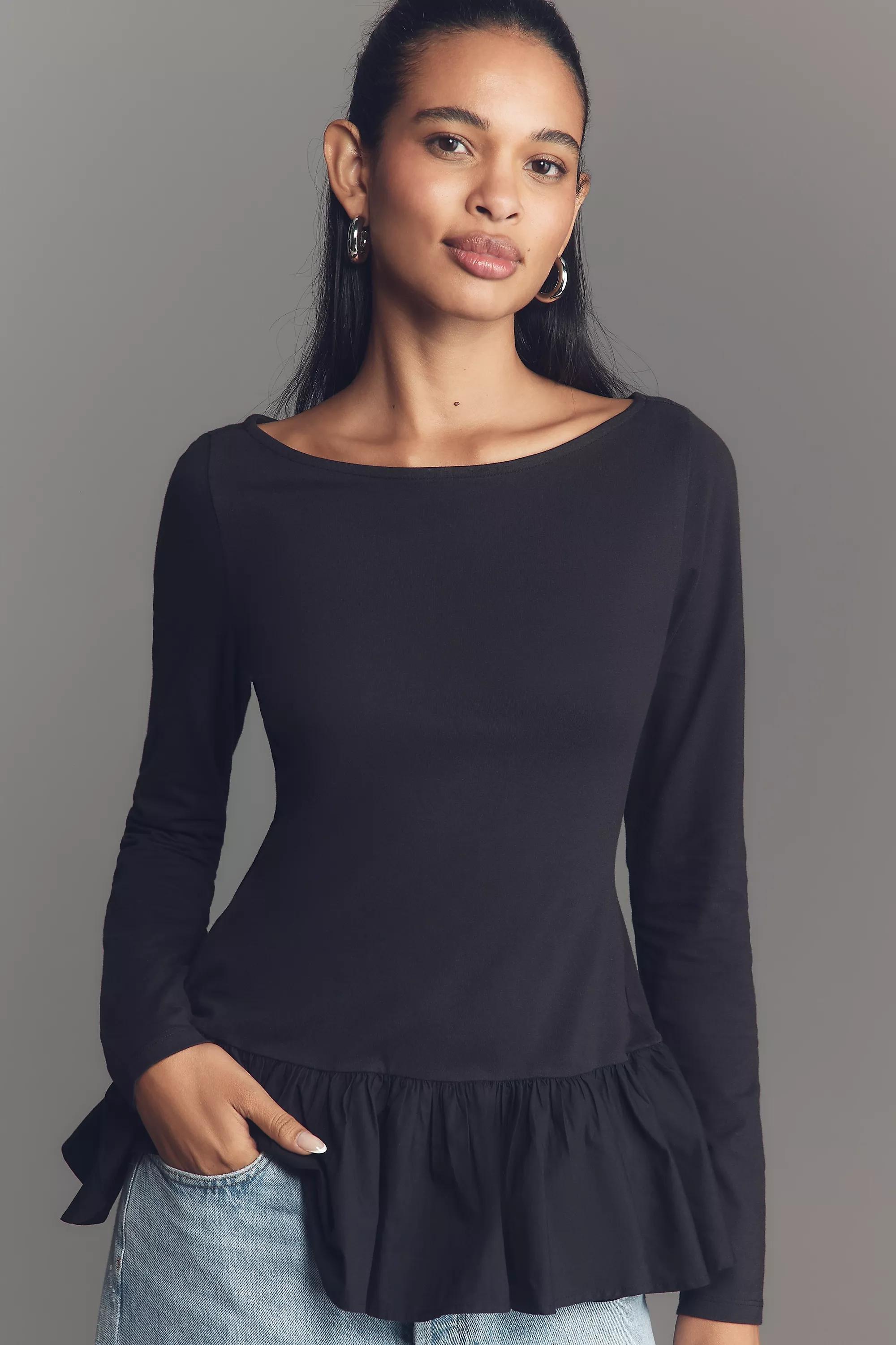 By Maeve Long-Sleeve Peplum Top, Black, A501_0001, large image number 5