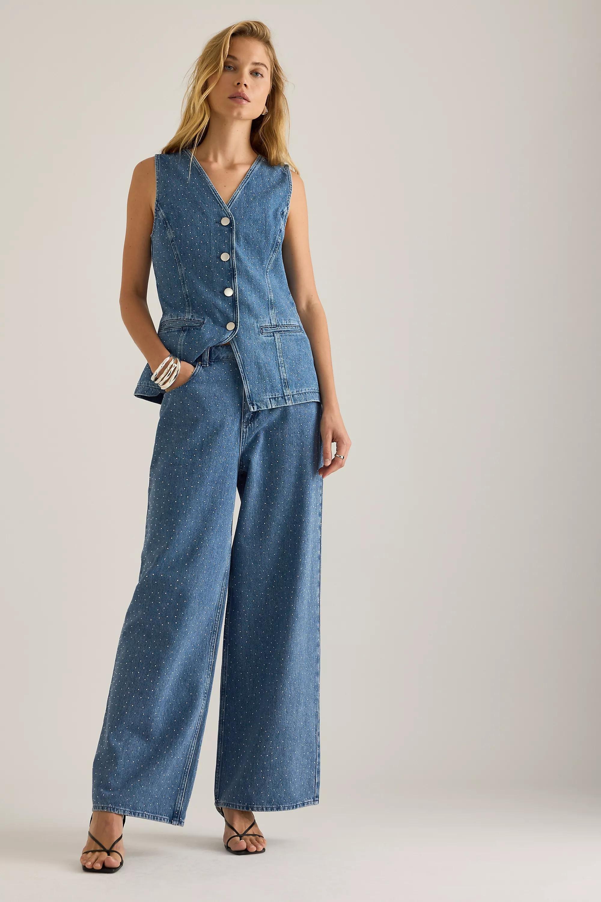 By Anthropologie Sparkle Wide-Leg Jeans, Blue, A501_0093, medium