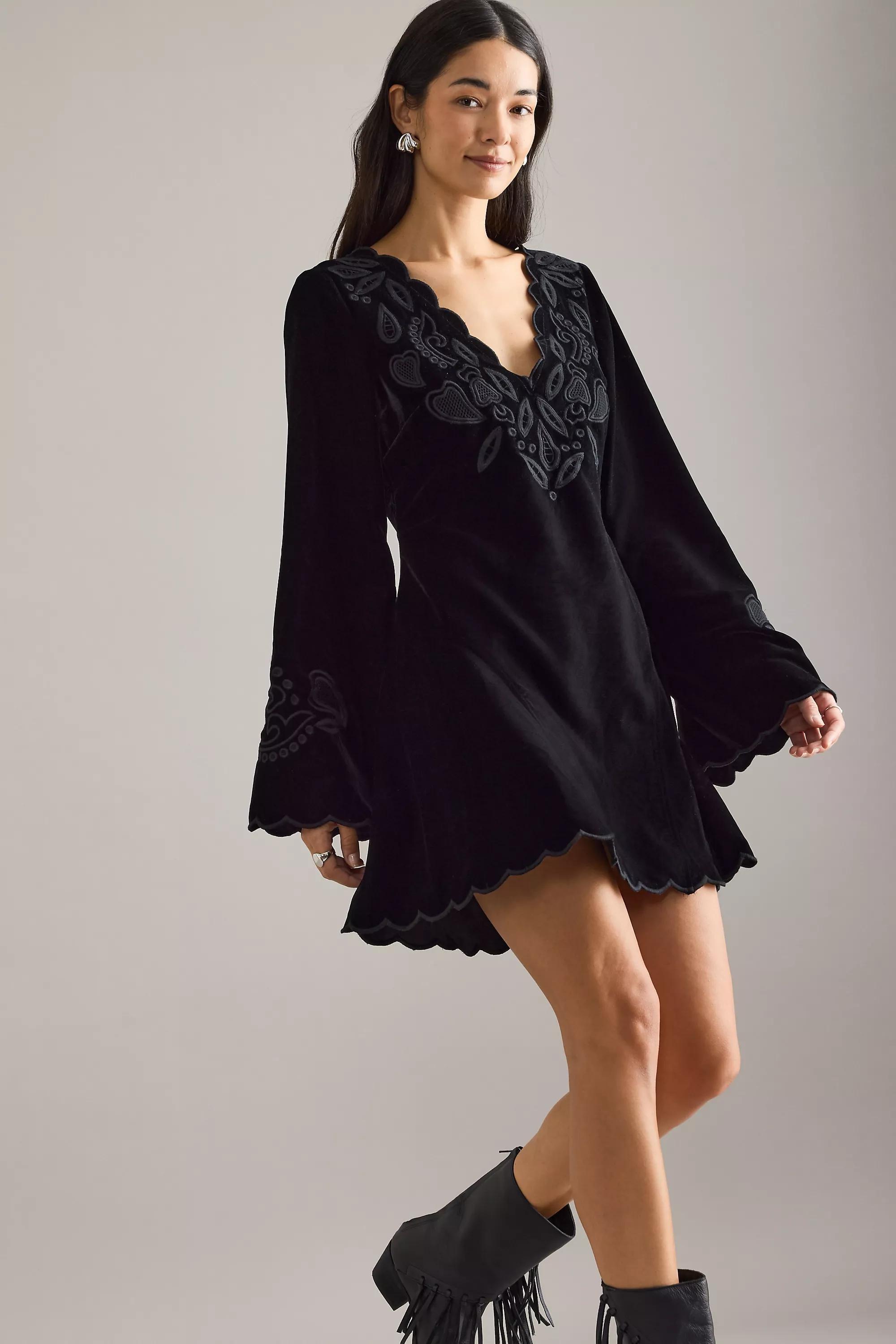 By Anthropologie Iris Bell-Sleeve Scallop Mini Dress, Black, A501_0001, large image number 0
