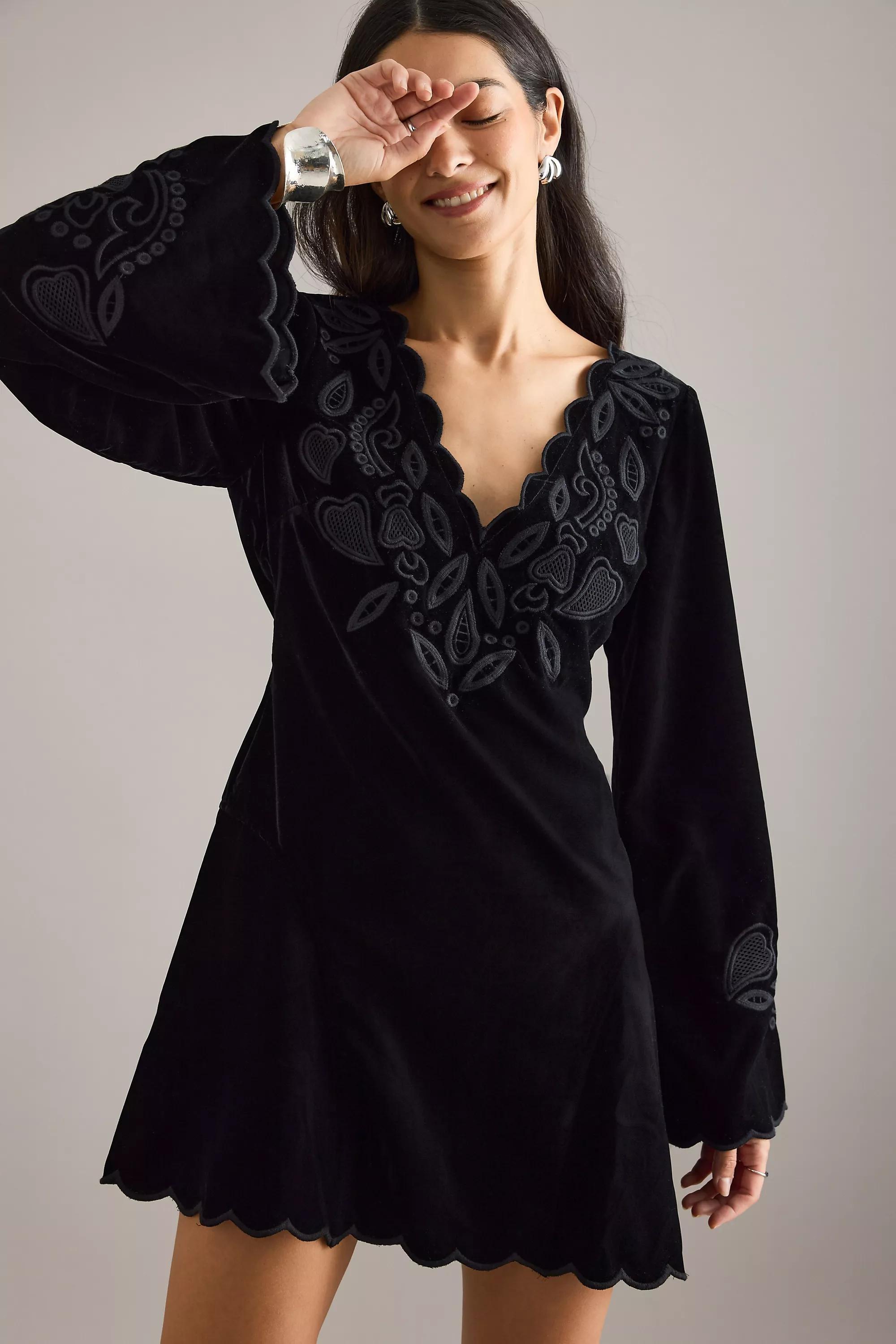 By Anthropologie Iris Bell-Sleeve Scallop Mini Dress, Black, A501_0001, large image number 1