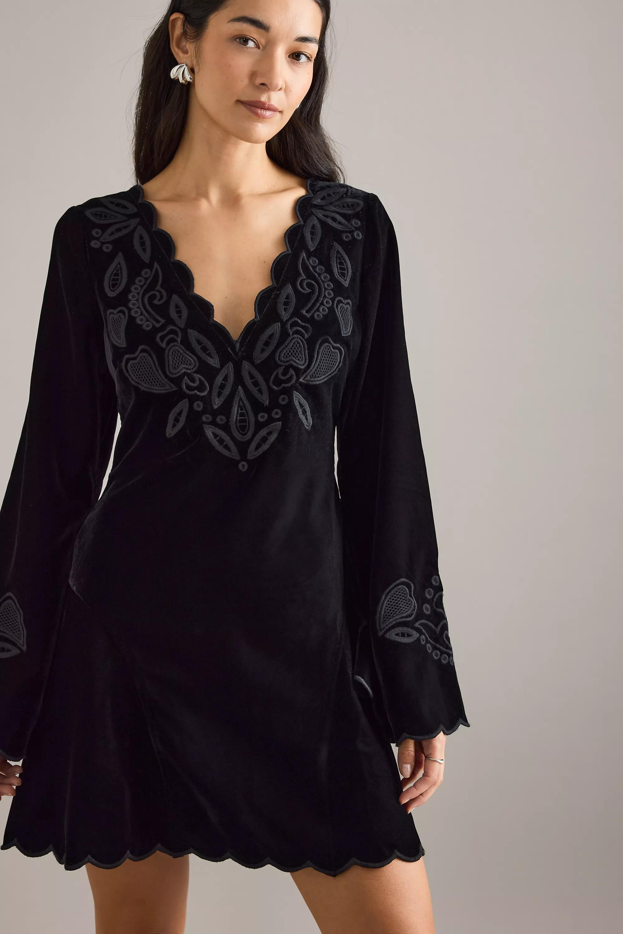 By Anthropologie Iris Bell-Sleeve Scallop Mini Dress, Black, A501_0001, large image number 2