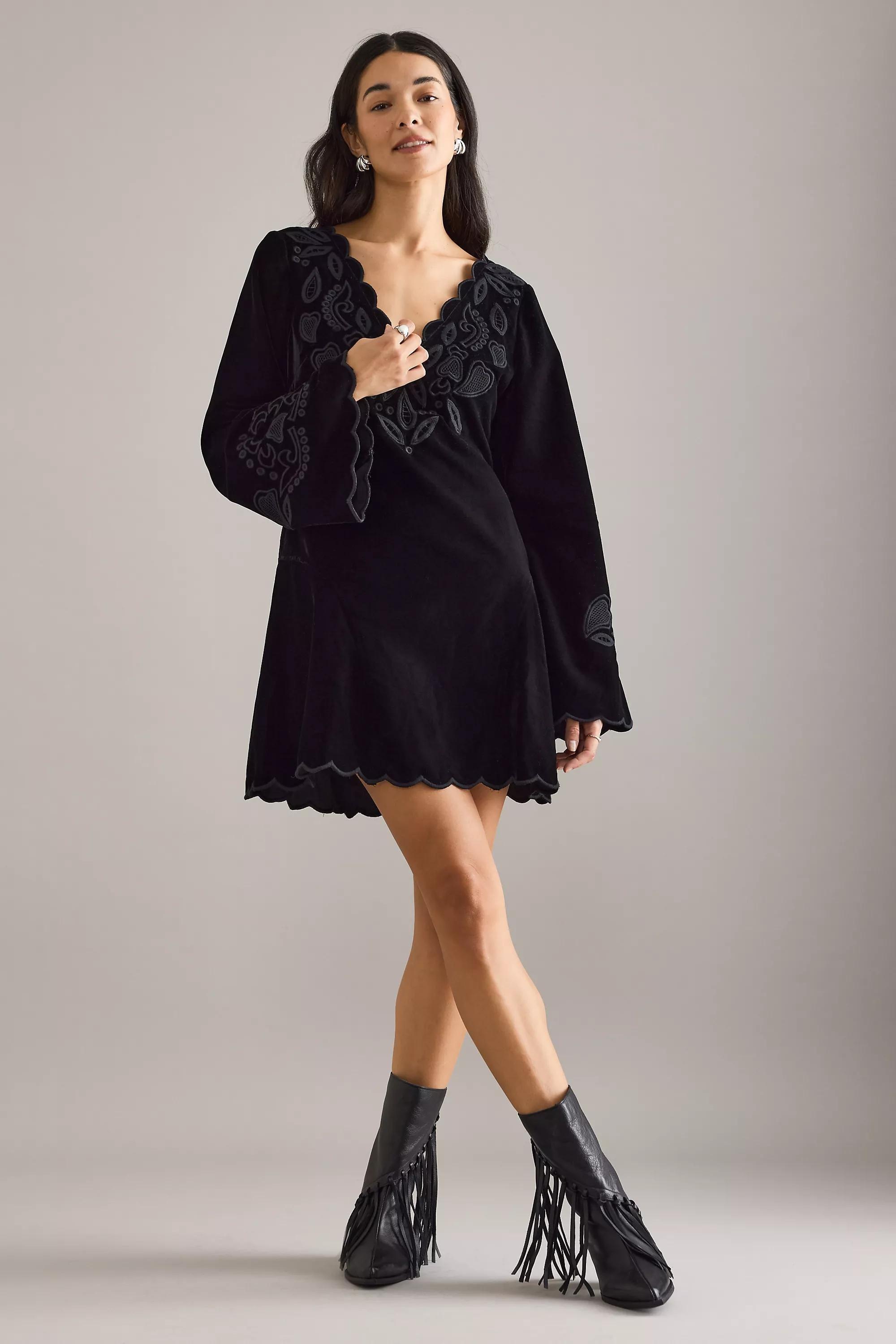 By Anthropologie Iris Bell-Sleeve Scallop Mini Dress, Black, A501_0001, large image number 3