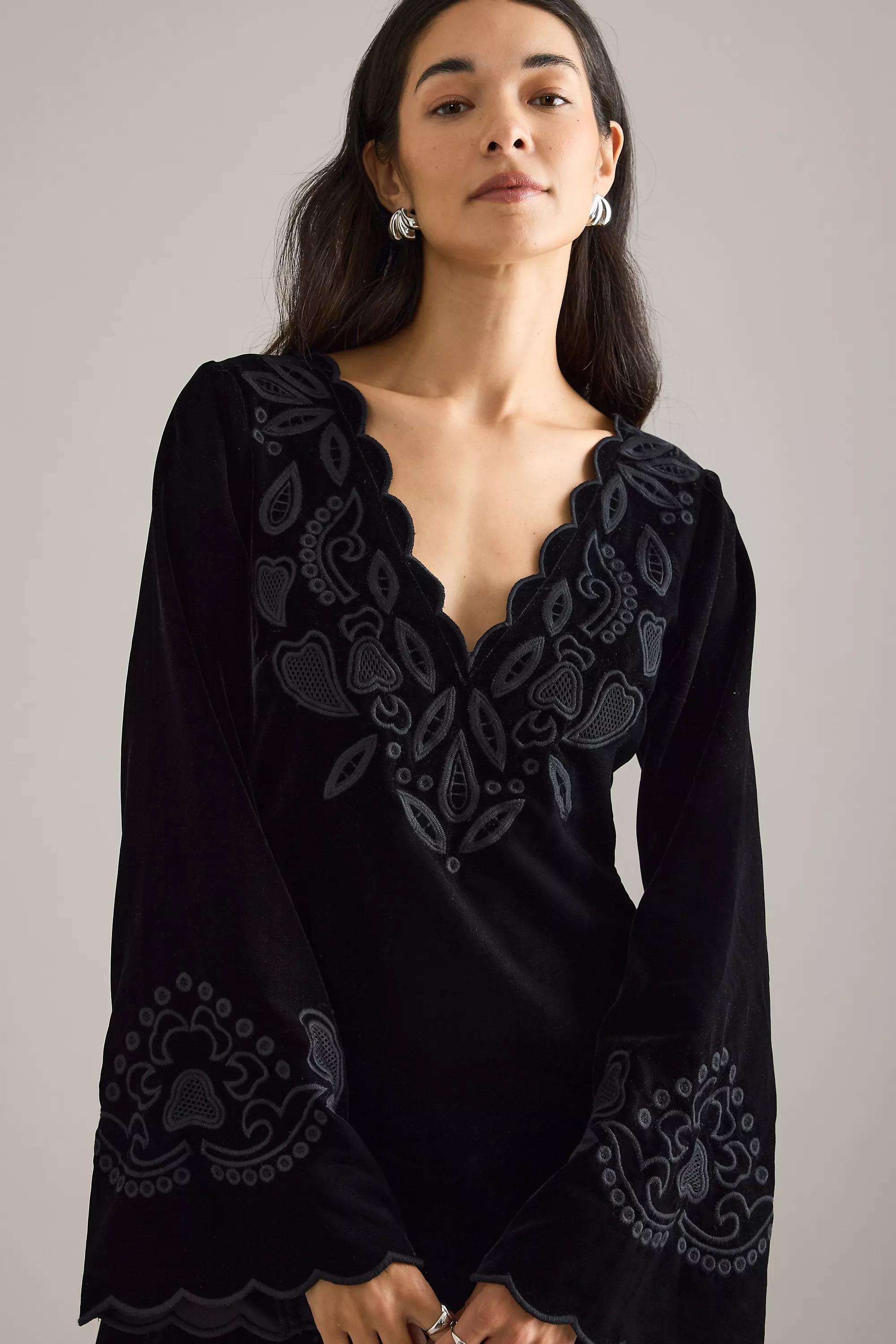 By Anthropologie Iris Bell-Sleeve Scallop Mini Dress, Black, A501_0001, large image number 4