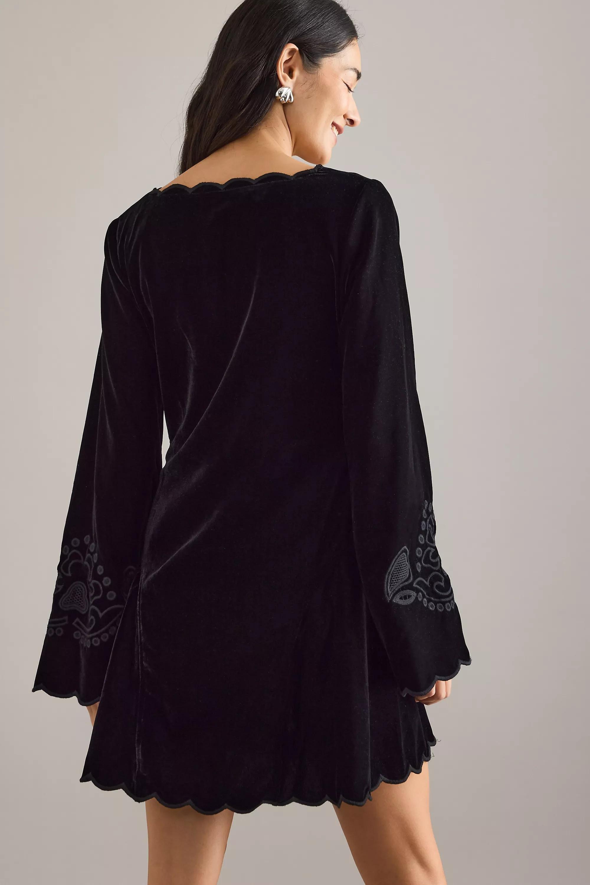 By Anthropologie Iris Bell-Sleeve Scallop Mini Dress, Black, A501_0001, large image number 5