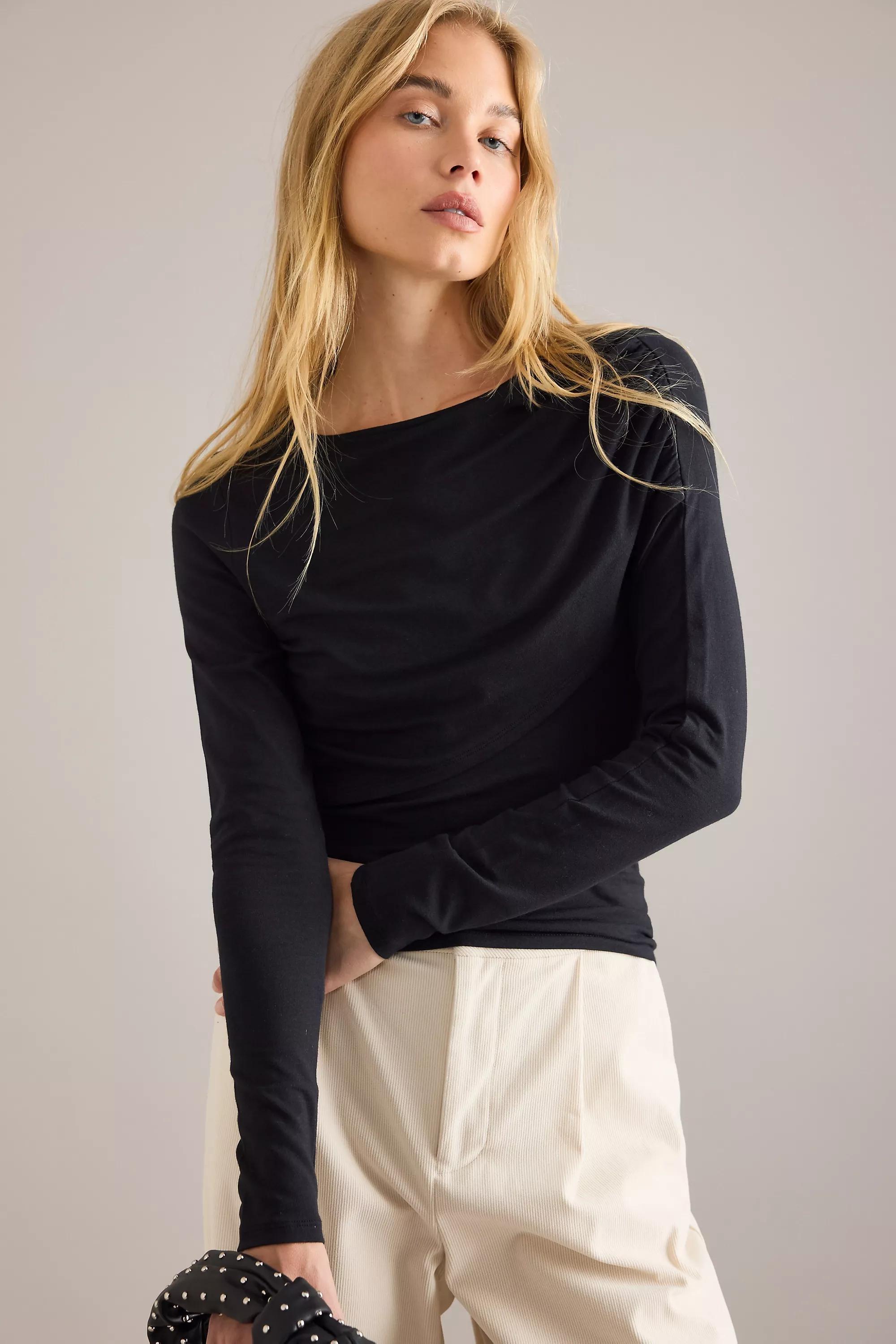 By Anthropologie Ruched Off-Shoulder Top, Black, A501_0001, large image number 0
