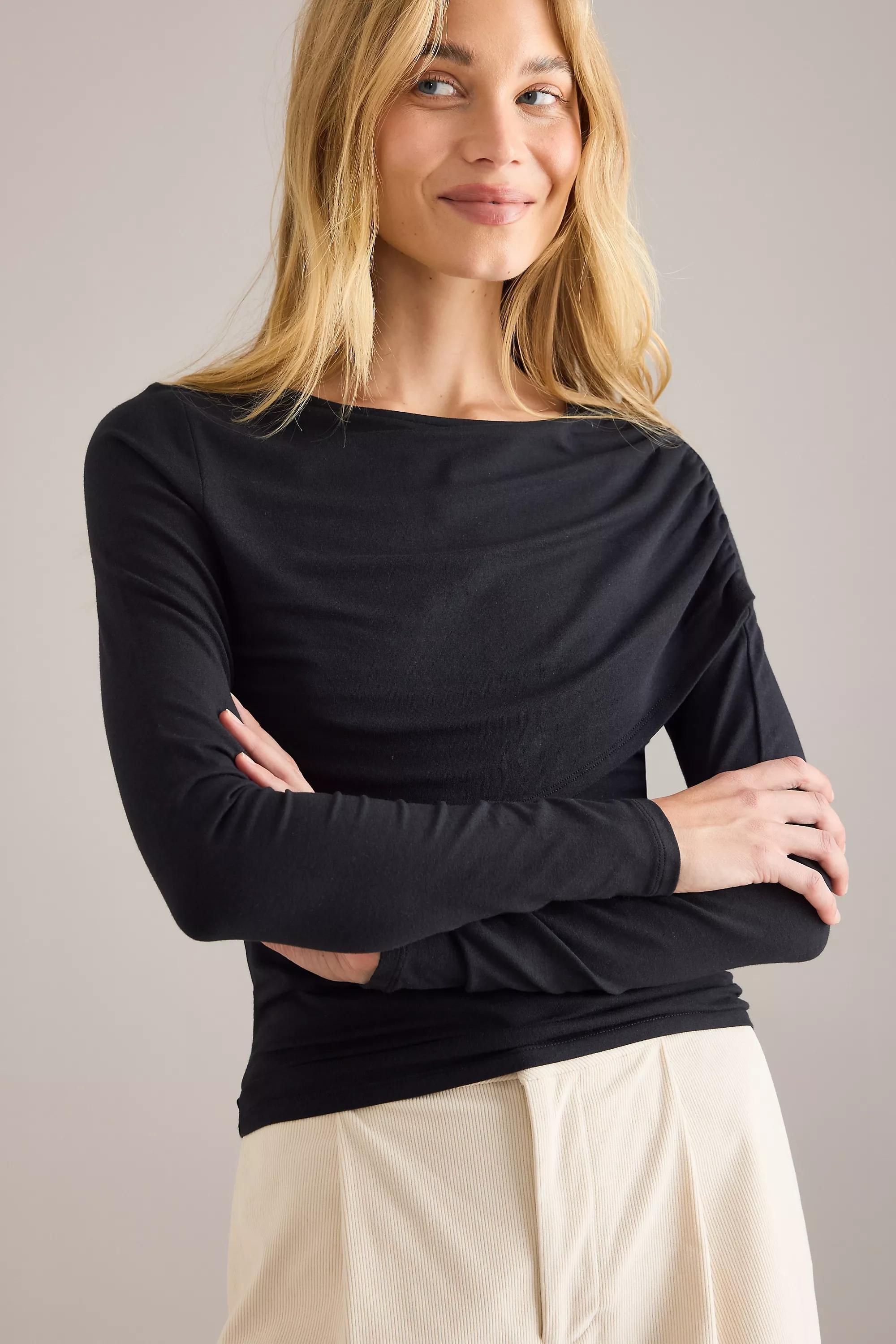 By Anthropologie Ruched Off-Shoulder Top, Black, A501_0001, large image number 1
