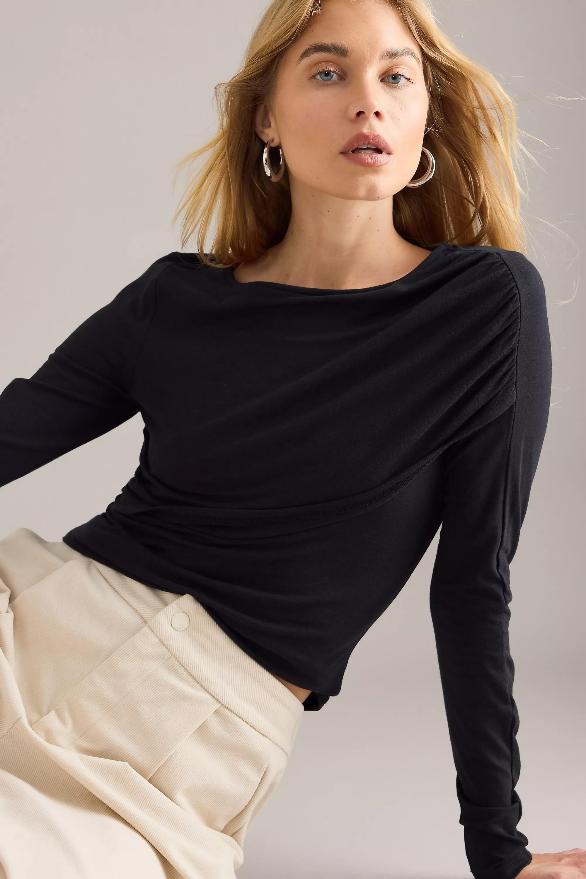 By Anthropologie Ruched Off-Shoulder Top, Black, A501_0001, large image number 5