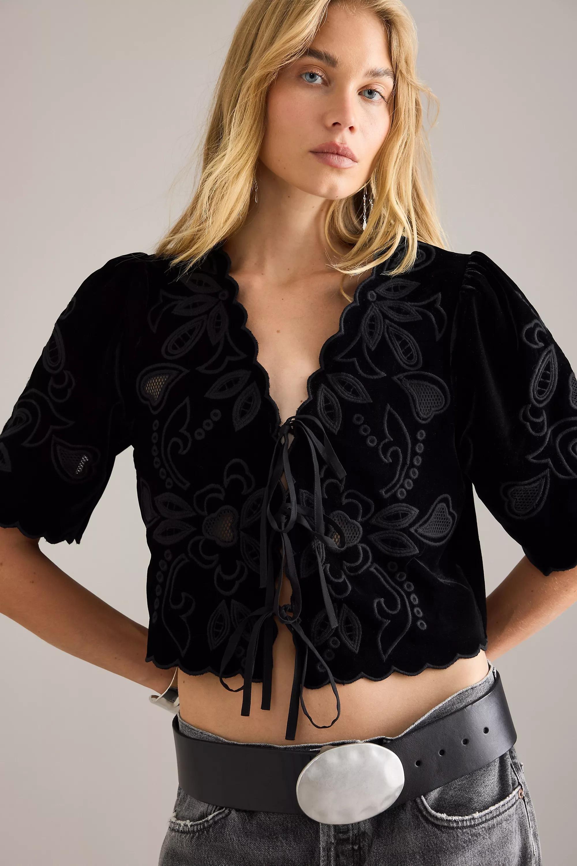 By Anthropologie Velvet Embroidered Tie-Front Top, Black, A501_0001, large image number 0