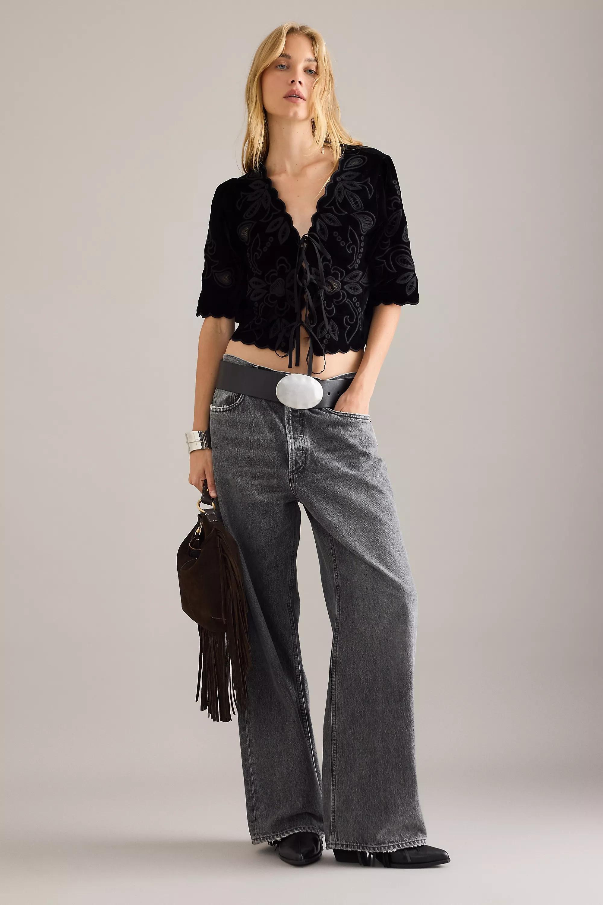 By Anthropologie Velvet Embroidered Tie-Front Top, Black, A501_0001, large image number 2