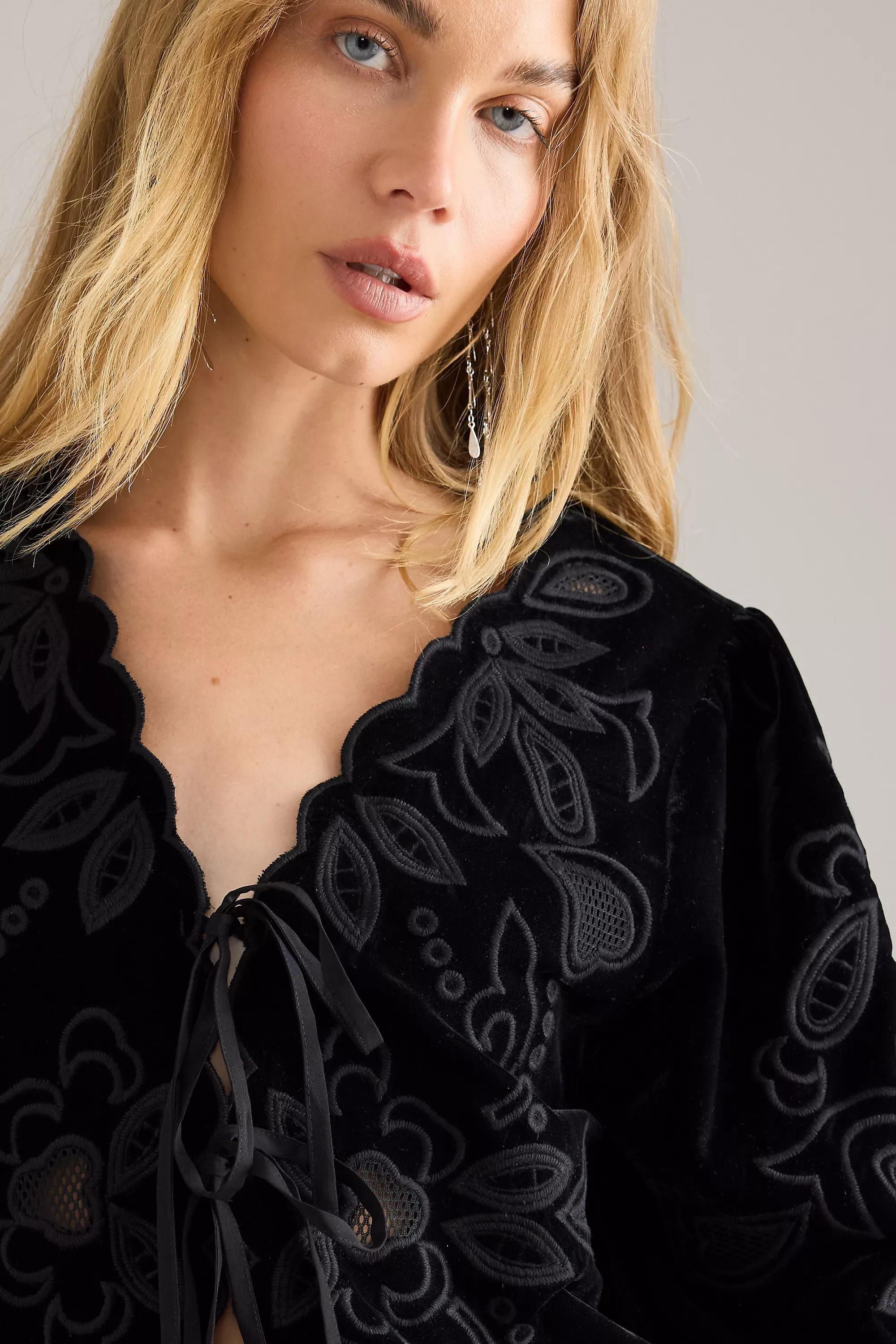 By Anthropologie Velvet Embroidered Tie-Front Top, Black, A501_0001, large image number 4
