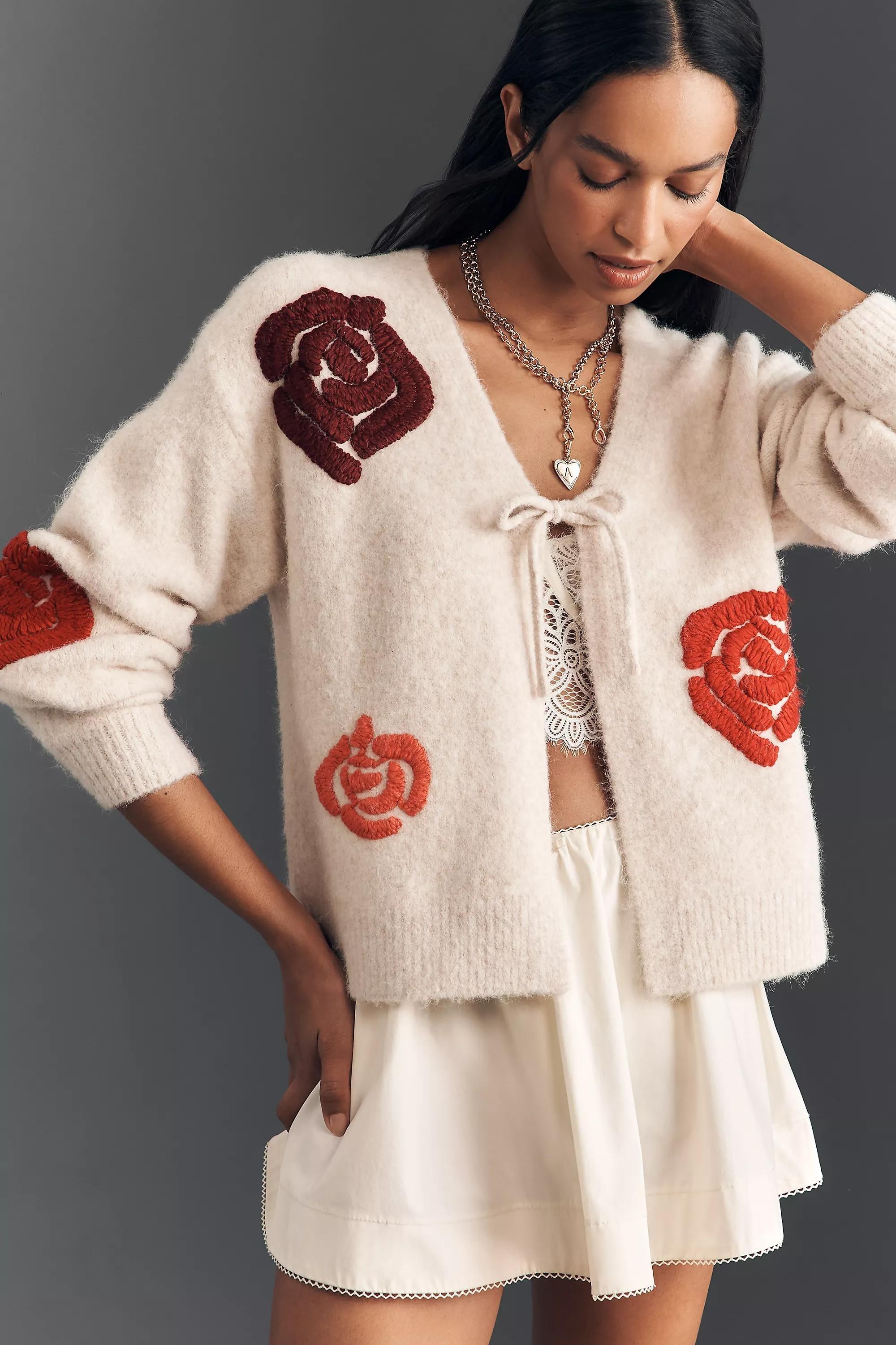 Embroidered Flower Cardigan, White, A501_0015, large image number 1