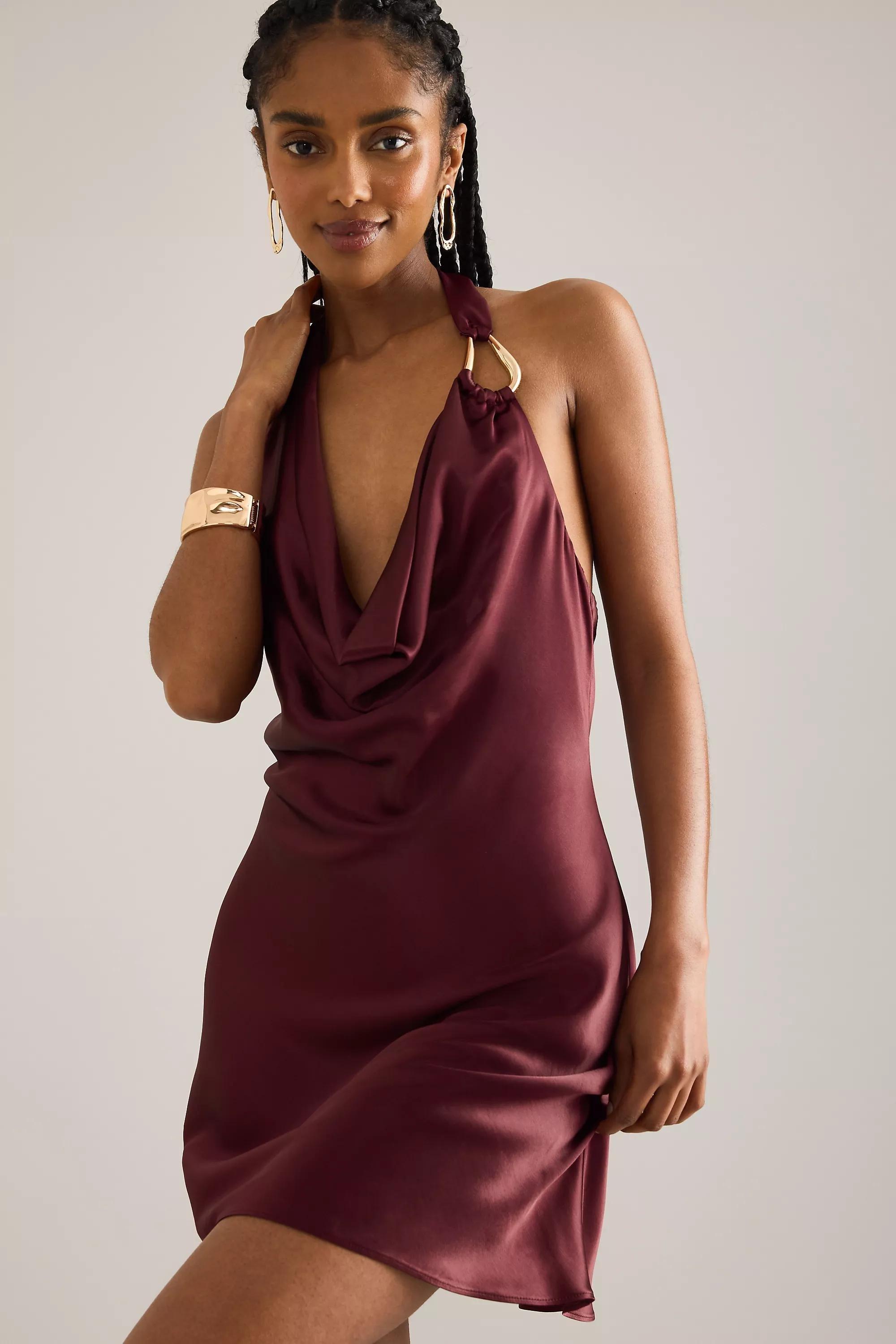 By Anthropologie Emma Cowl-Neck Satin Mini Dress, Red, A501_0061, large image number 2