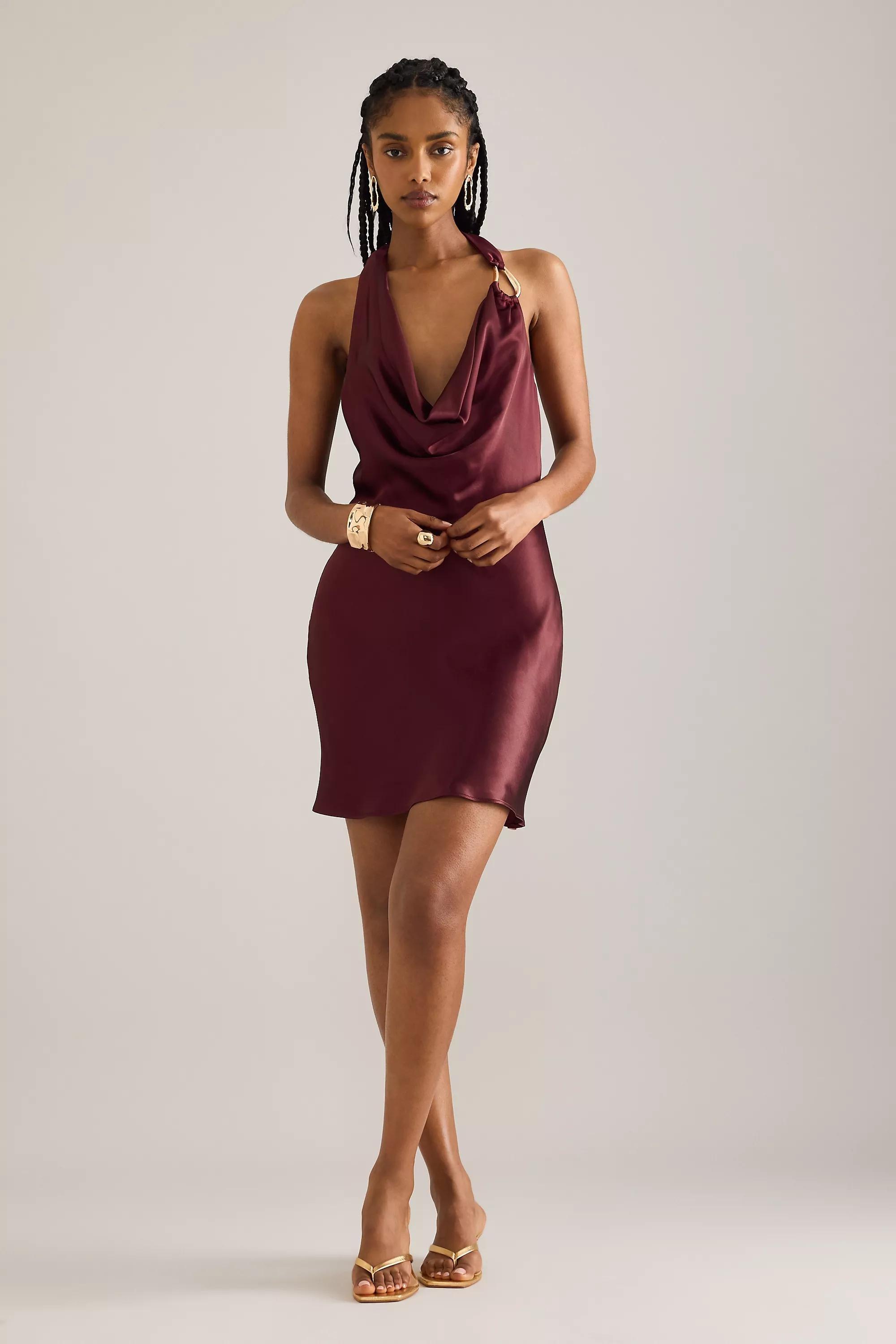 By Anthropologie Emma Cowl-Neck Satin Mini Dress, Red, A501_0061, large image number 4