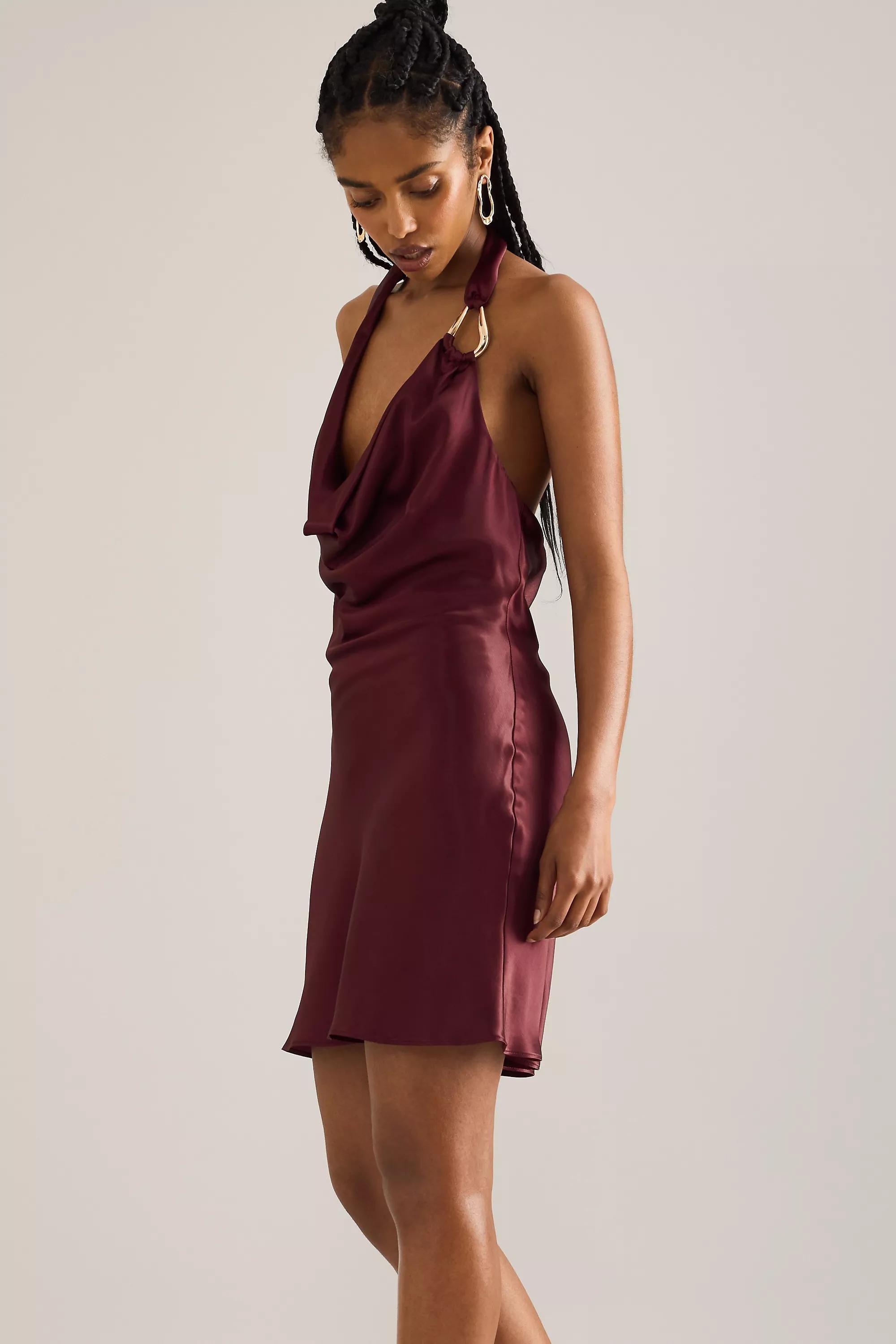 By Anthropologie Emma Cowl-Neck Satin Mini Dress, Red, A501_0061, large image number 5