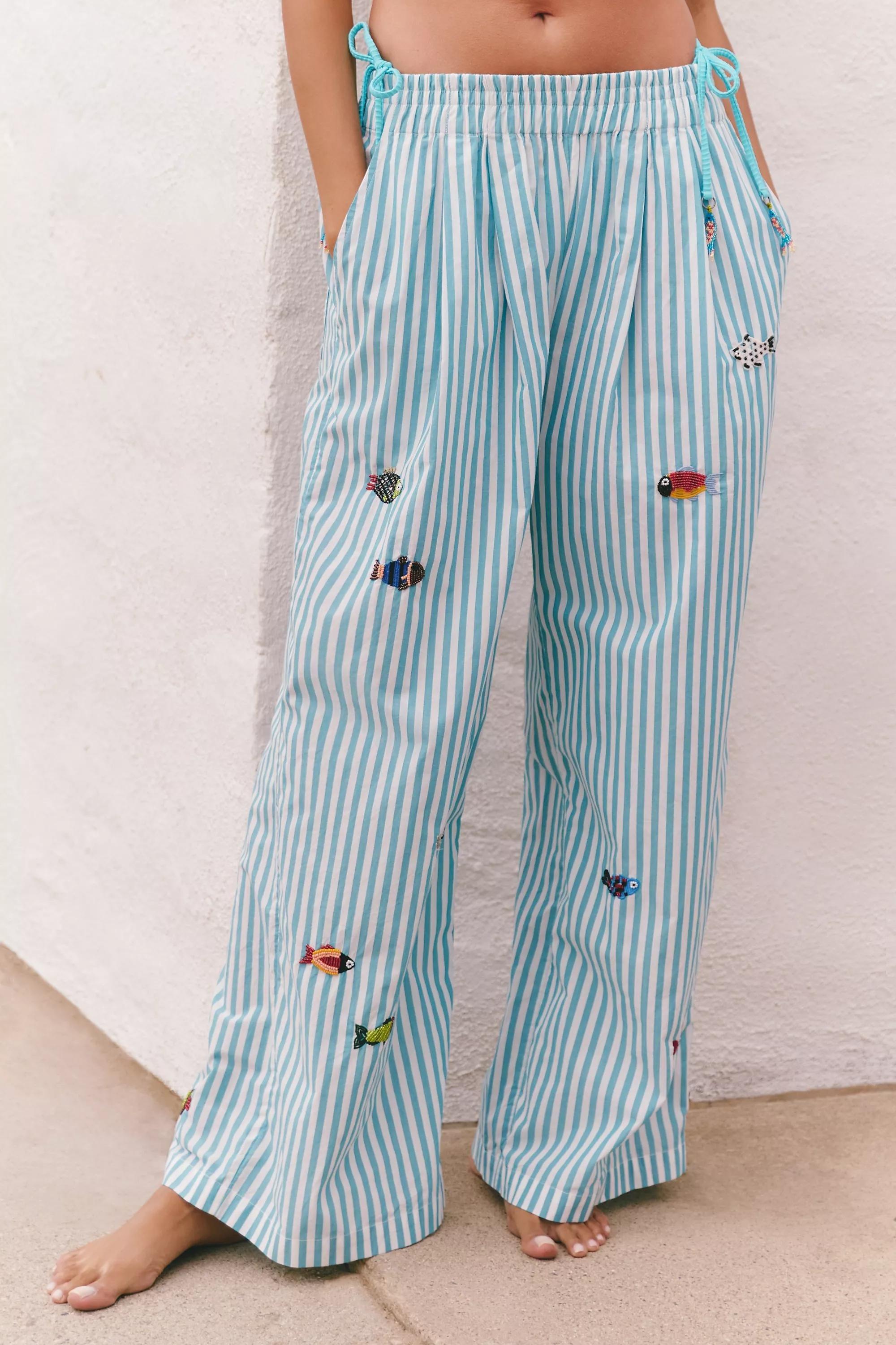 Striped Celandine Striped Embellished Pull-On Trousers, Blue, A501_0546, large image number 1
