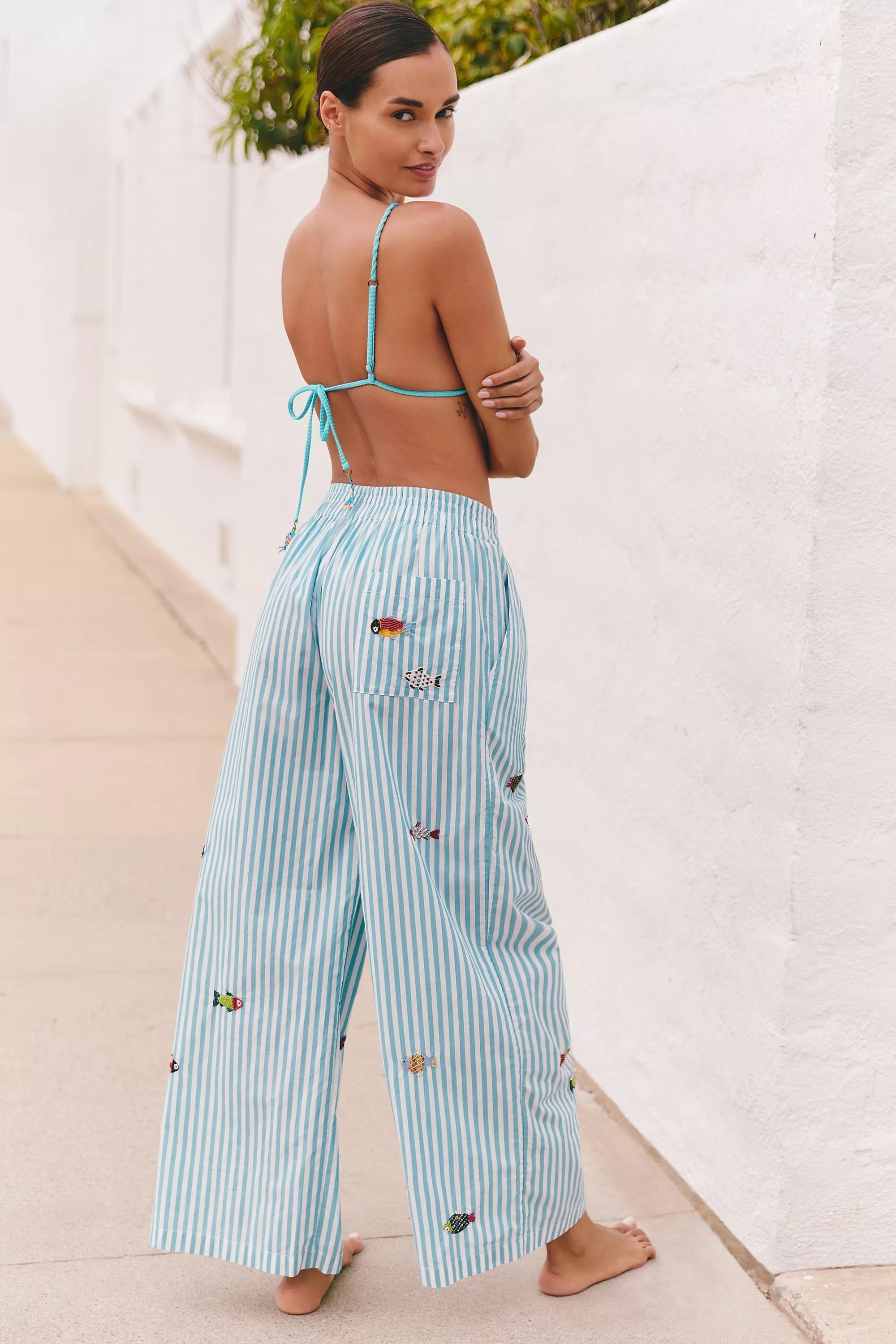 Striped Celandine Striped Embellished Pull-On Trousers, Blue, A501_0546, large image number 2