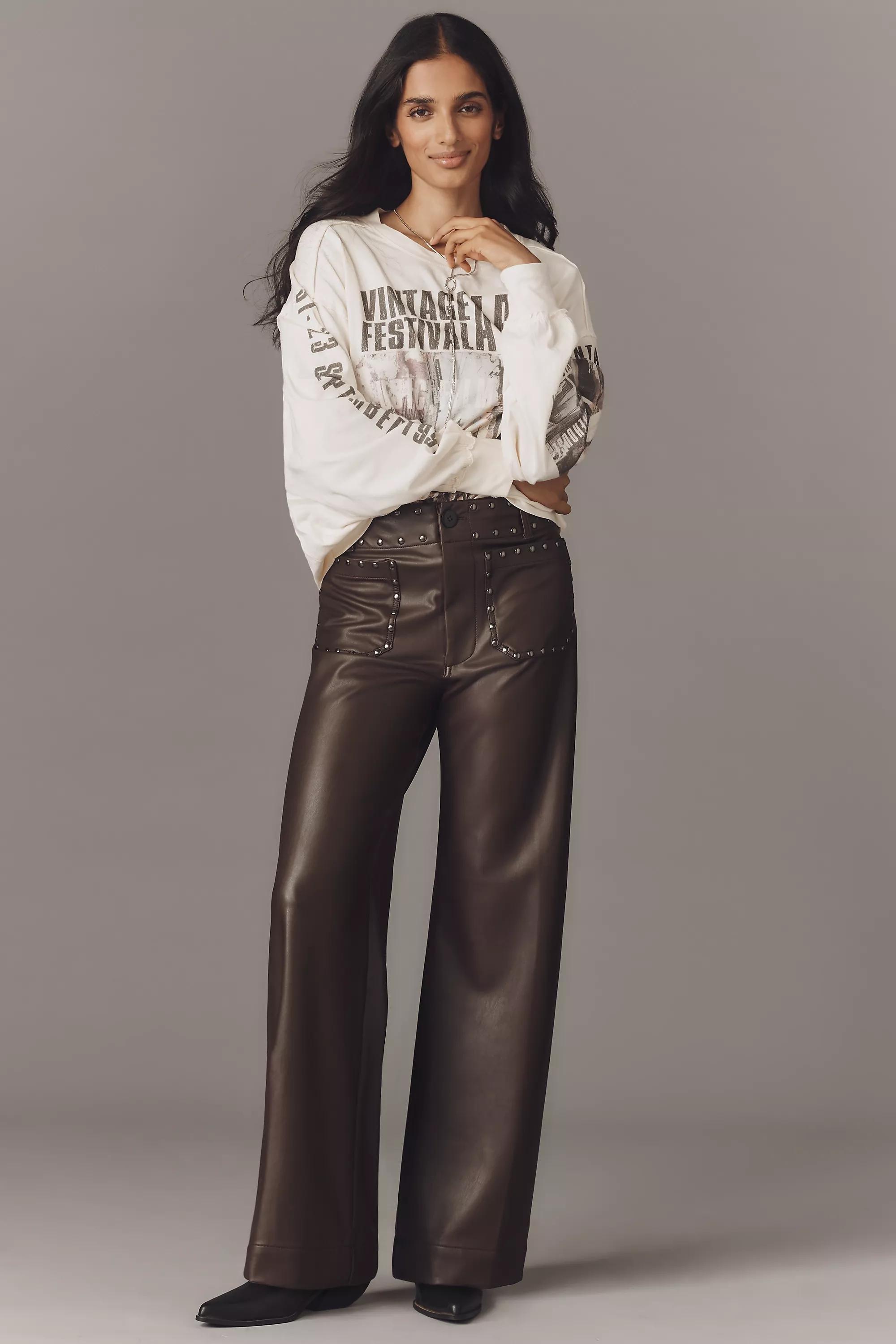 By Maeve Full-Length Faux-Leather Studded Trousers, Brown, A501_0021, medium