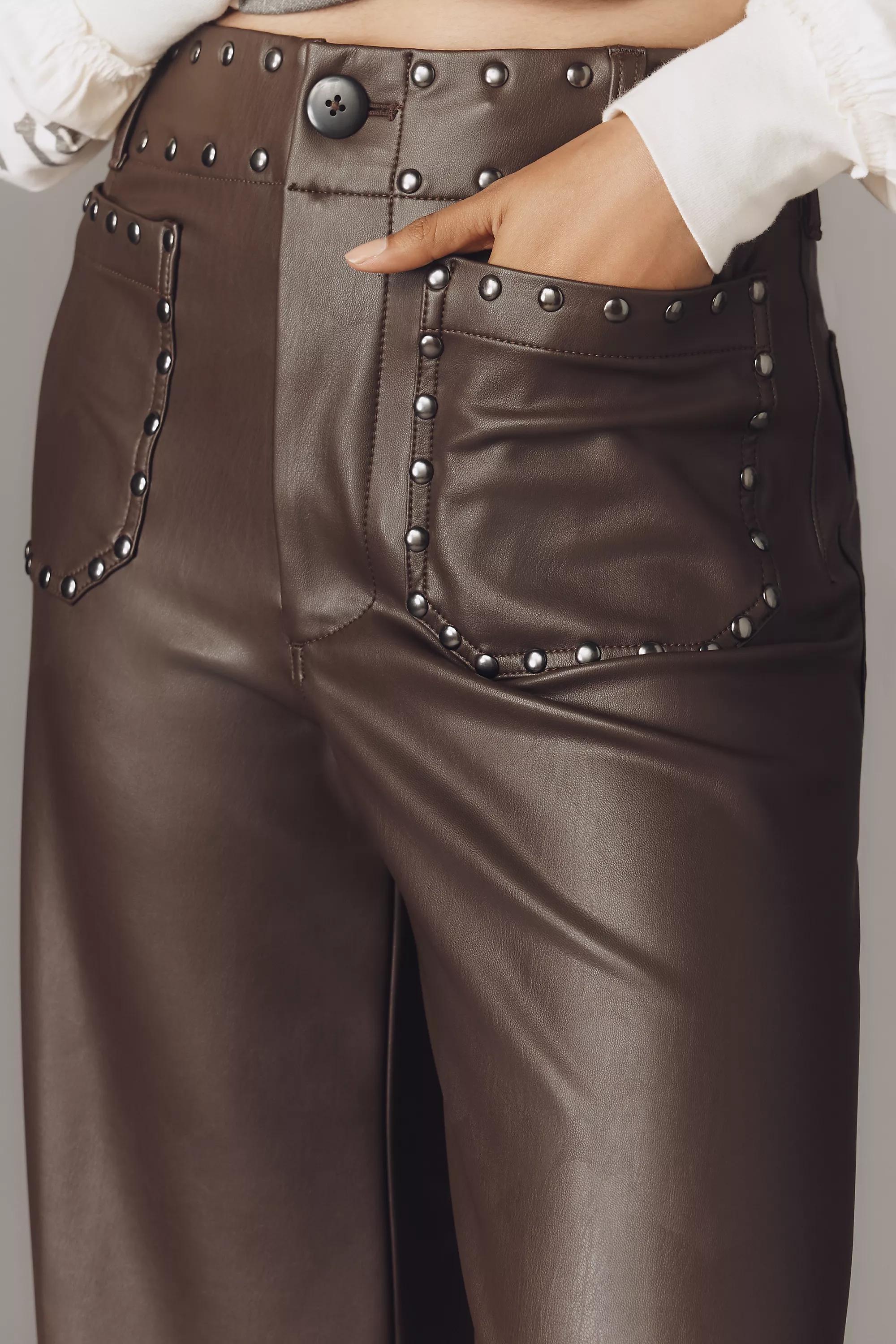 By Maeve Full-Length Faux-Leather Studded Trousers, Brown, A501_0021, large image number 3