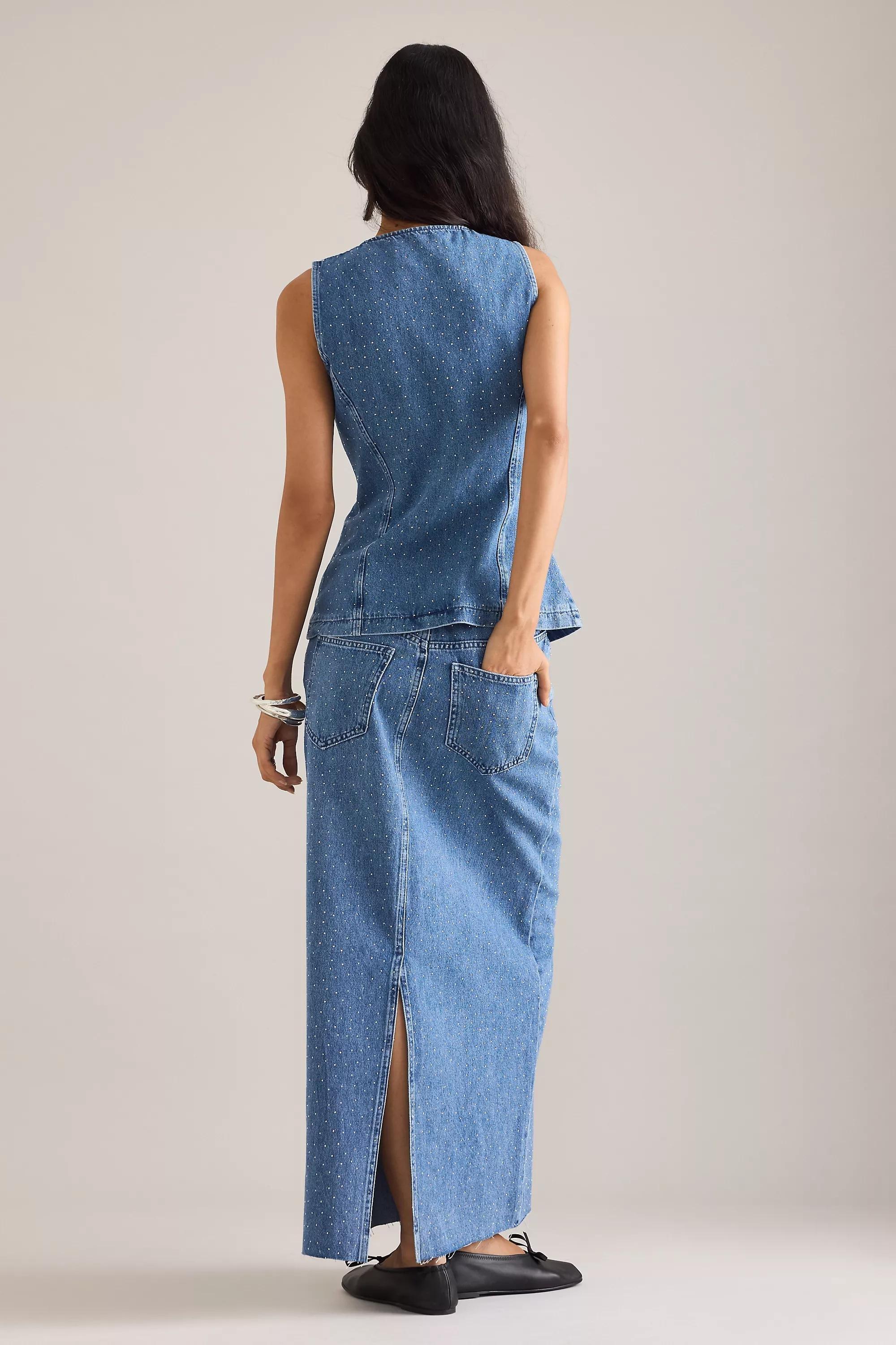 By Anthropologie Sparkle Denim Waistcoat, Blue, A501_0093, large image number 1