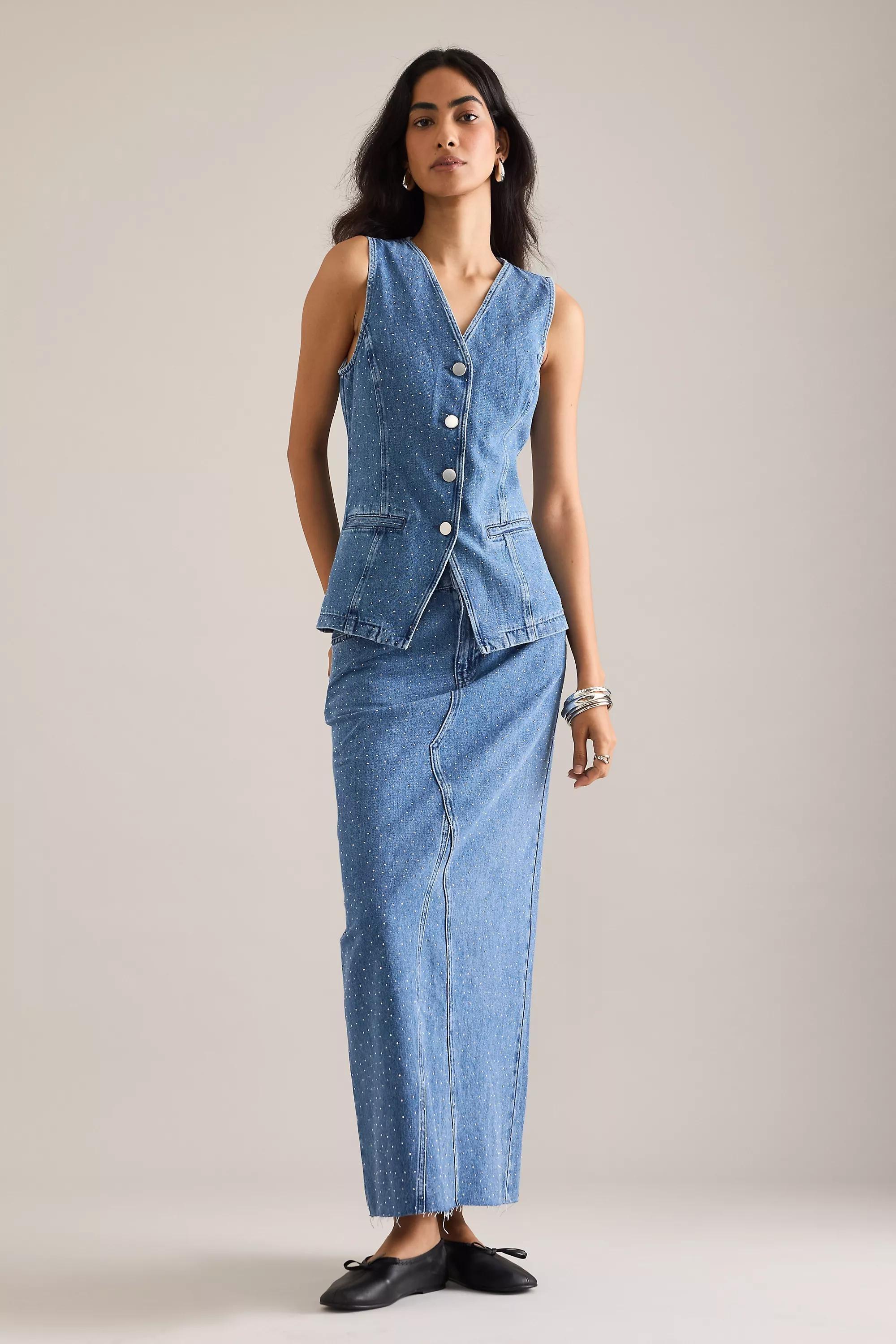 By Anthropologie Sparkle Denim Waistcoat, Blue, A501_0093, medium