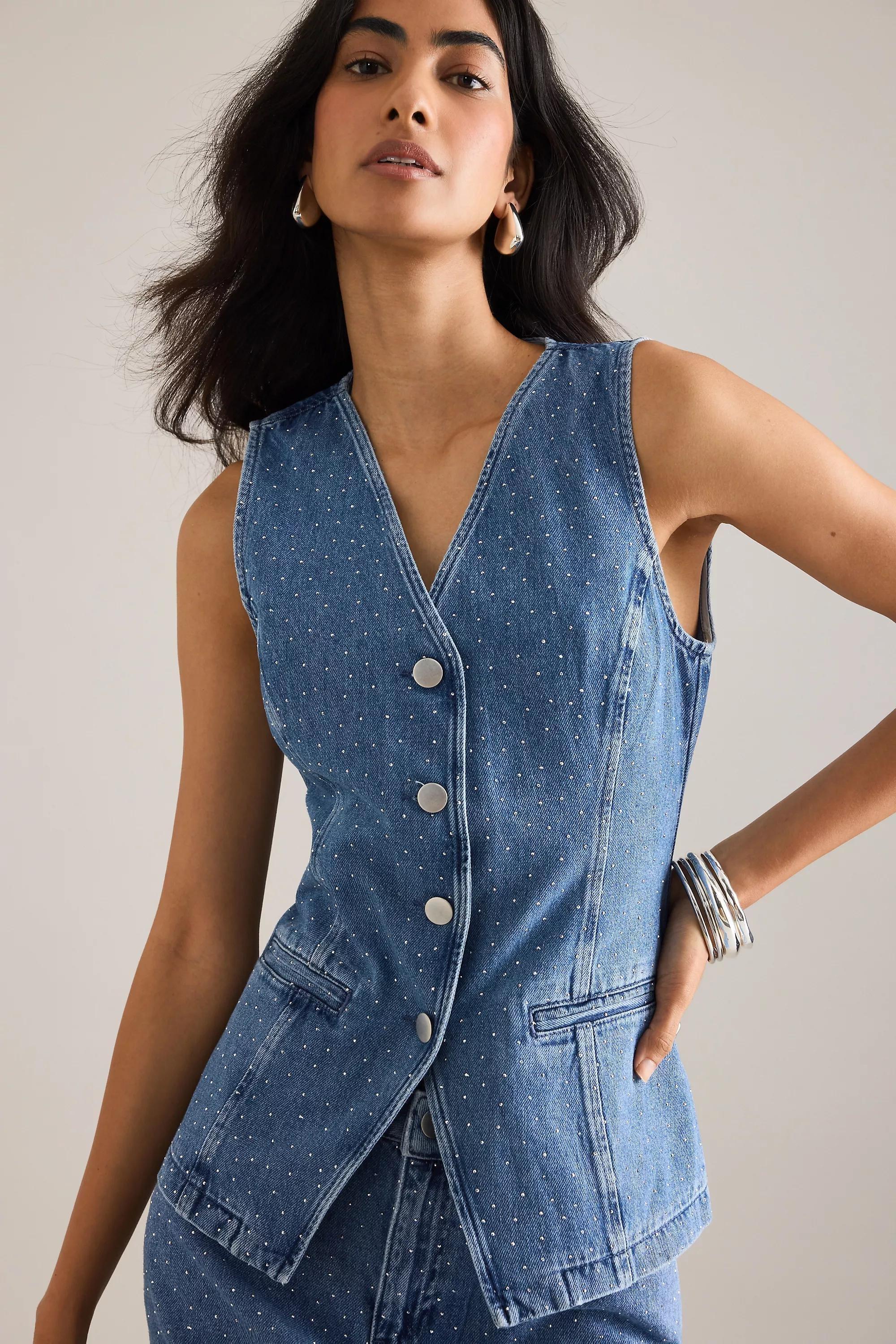 By Anthropologie Sparkle Denim Waistcoat, Blue, A501_0093, large image number 3